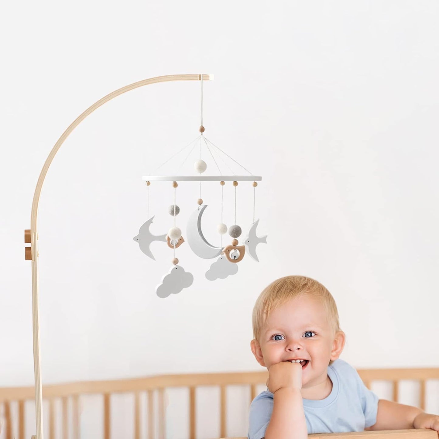 Baby Crib Mobile Arm - Wooden Baby Mobile Crib Holder for Hanging Baby Crib Attachment for Nursery Decor (Curved Structural Arm)