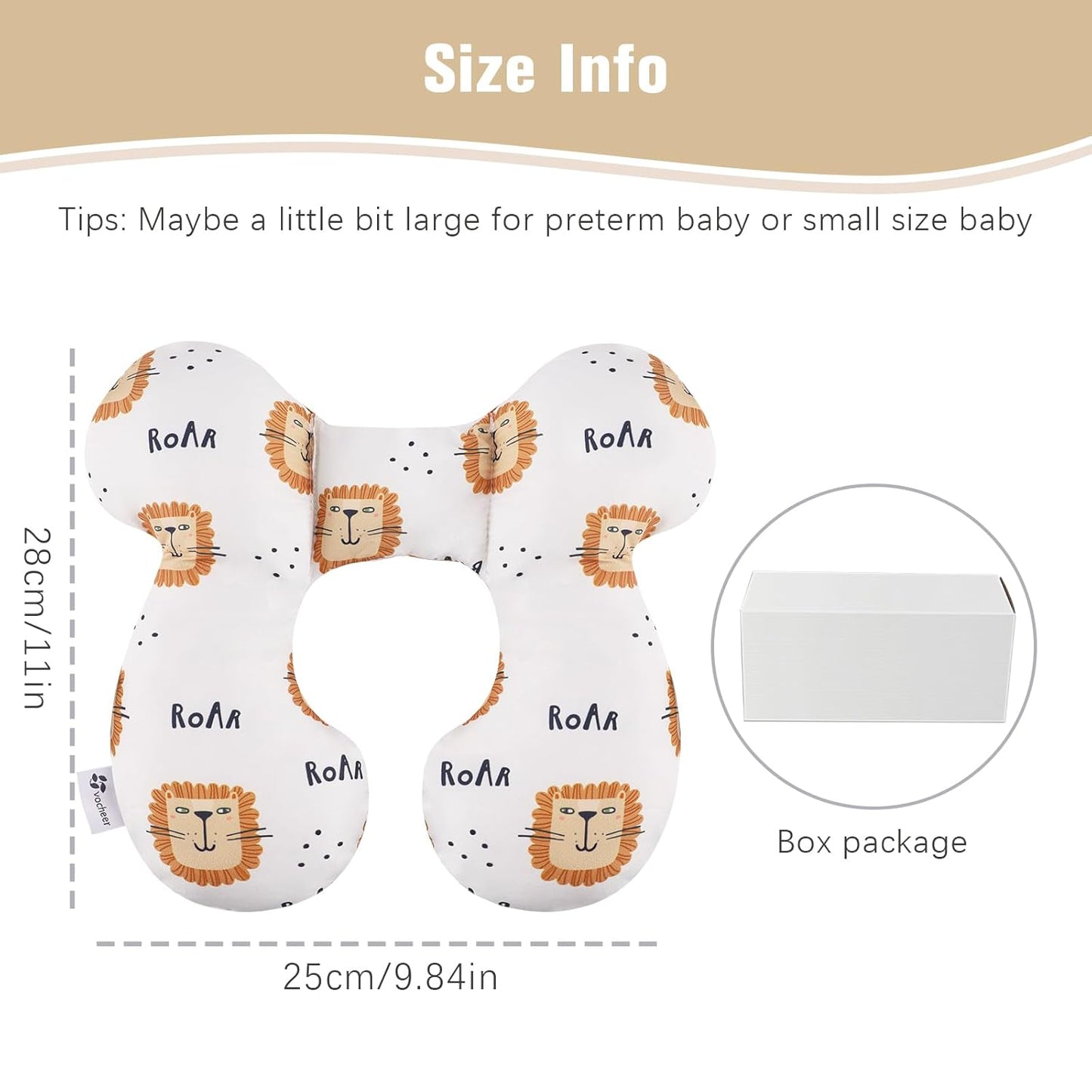 vocheer Baby Travel Pillow(Upgraded), Head and Neck Support Pillow for Pushchair, Car Seat,Stroller, Bouncer, Cotton, Lion