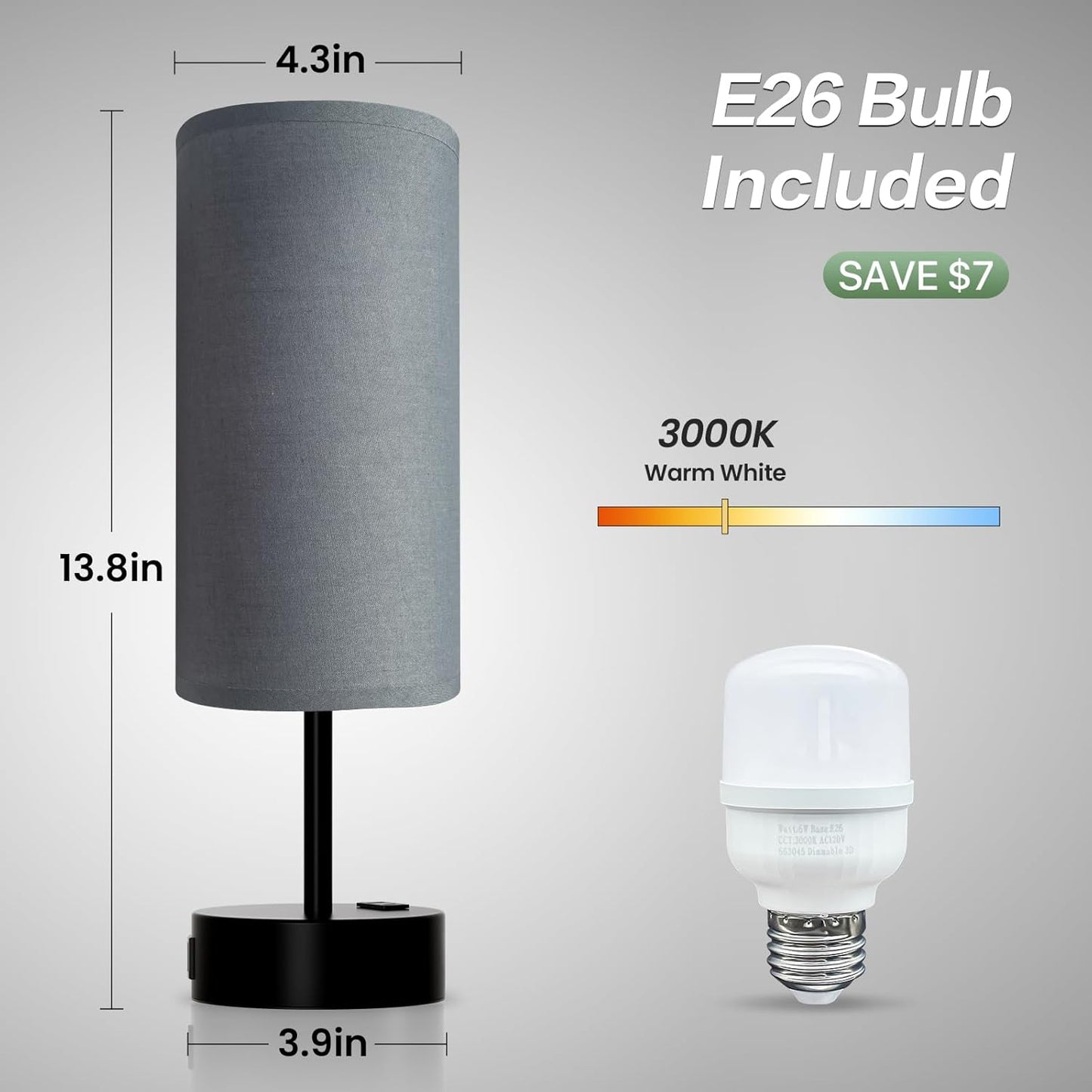 KPQ Small Bedside Lamp Touch Control Table Lamp with USB A+C Charging Ports & AC Outlet 3-Way Dimmable Nightstand Lamp with Linen Fabric Shade for Bedroom Living Room