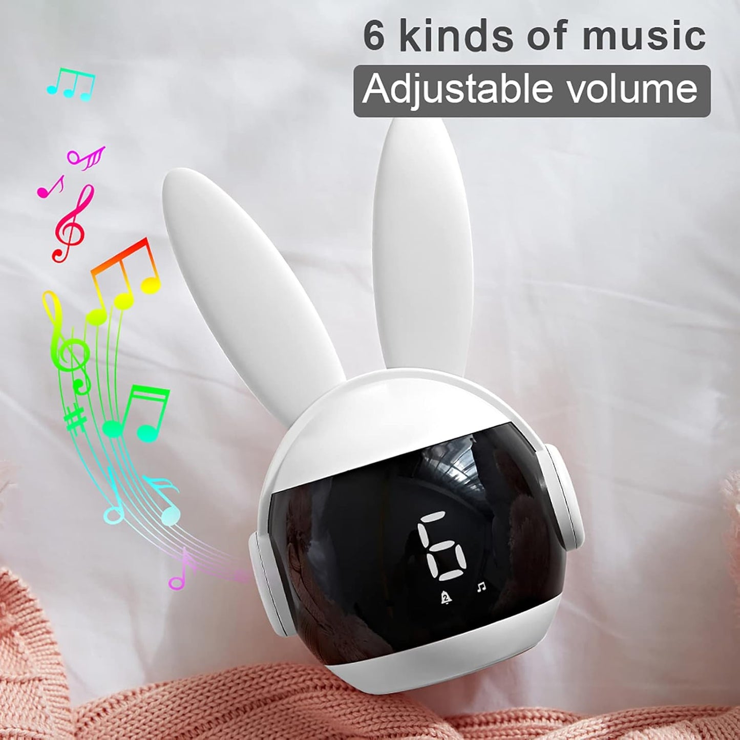 Kids Alarm Clock for Kids, Bunny Alarm Clocks for Girls Boys, White Kid Alarm Clock with Ringtones & Night Light Rechargeable Snoozing