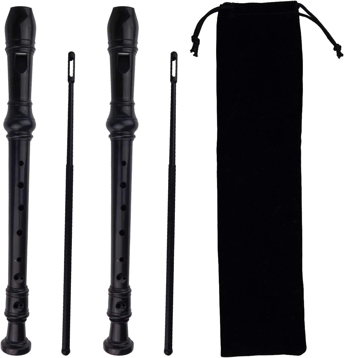 2 Pack German Style 8 Hole-3 Piece Descant Soprano Recorders with Cleaning Rod, Black Storage Bag, ABS Material (Black)