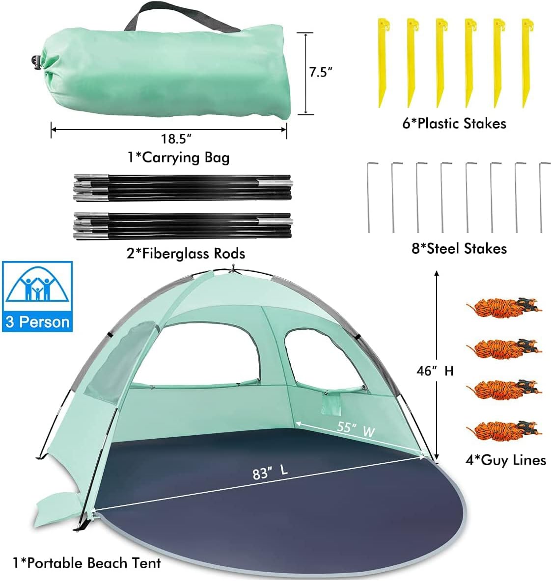 NXONE Beach Tent Sun Shade Shelter for 3/4/6 Person Person with UV Protection, Extended Floor, 3 Mesh Roll Up Windows & 8.0/8.5mm Fiberglass Rods丨Carry Bag Included