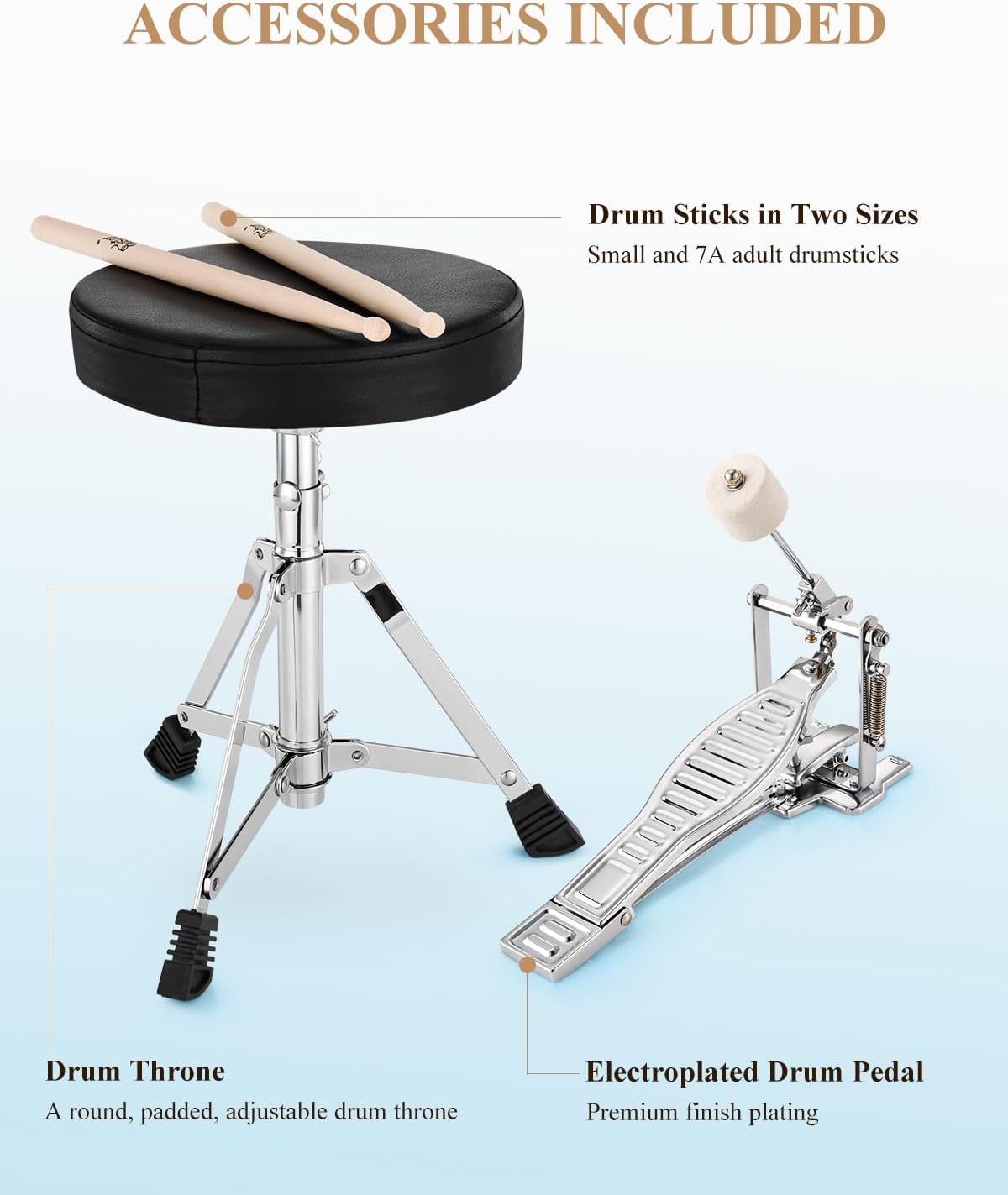 Kids Drum Set Eastar 3-Piece for Beginners, 14 inch Drum Kit with Adjustable Throne, Cymbal, Pedal & Two Pairs of Drumsticks, Junior Drum Set with Bass Tom Snare Drum, Metallic Sky Blue