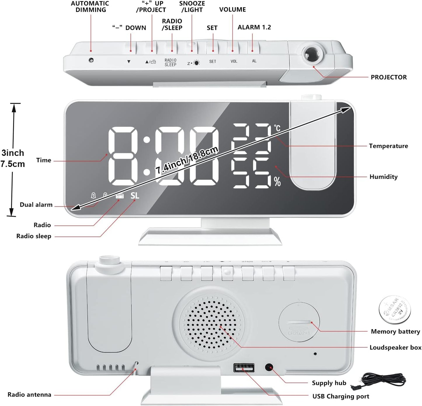 Projection Digital Alarm Clock for Bedrooms, Clock Radio on Ceiling, USB Charger Port, Temperature & Humidity Display, 7.3” Large Mirror LED Display,12/24H,Snooze,Dual Loud Alarm Clock- 4 Dimmer