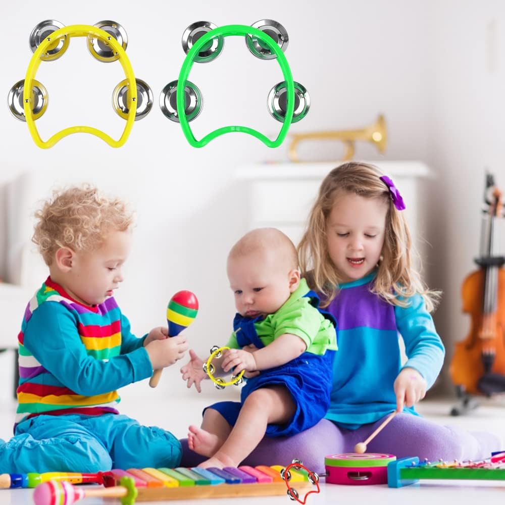 12 Pack Plastic Percussion Tambourine Hand Tambourine Bells, Mini Percussion Tambourines Bulk Hand Held Percussion Drum Musical Rhythm Instrument for Adults Kids Party Supplies(4 Colors)