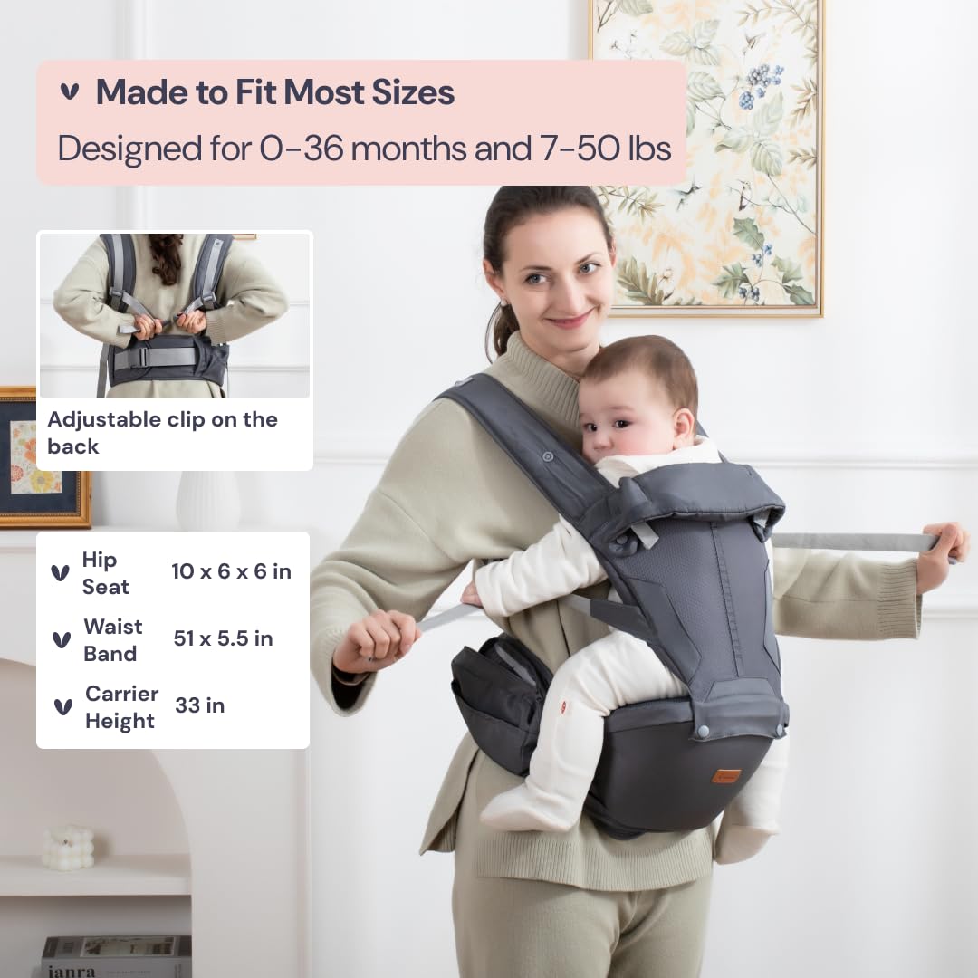 BabbleRoo Grow Carrier – Safety-Certified 6-in-1 Baby Carrier with Hip Seat, Ergonomic & Adjustable Toddler Carrier 7-50 lbs with Hip Support, Hood for Sun Protection, Newborn to Toddler, Gray
