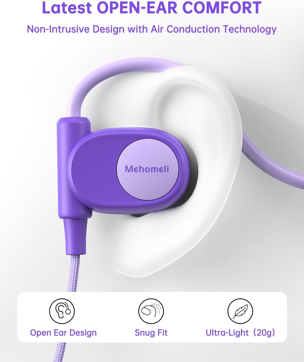 Kid Headphones for School, Air Conduction Open Ear Headphones, 3.5mm Jack Wired Cord, Ultra-Comfort, Ergonomic and Lightweight Design Perfect for School and Outdoor Activities-Purple