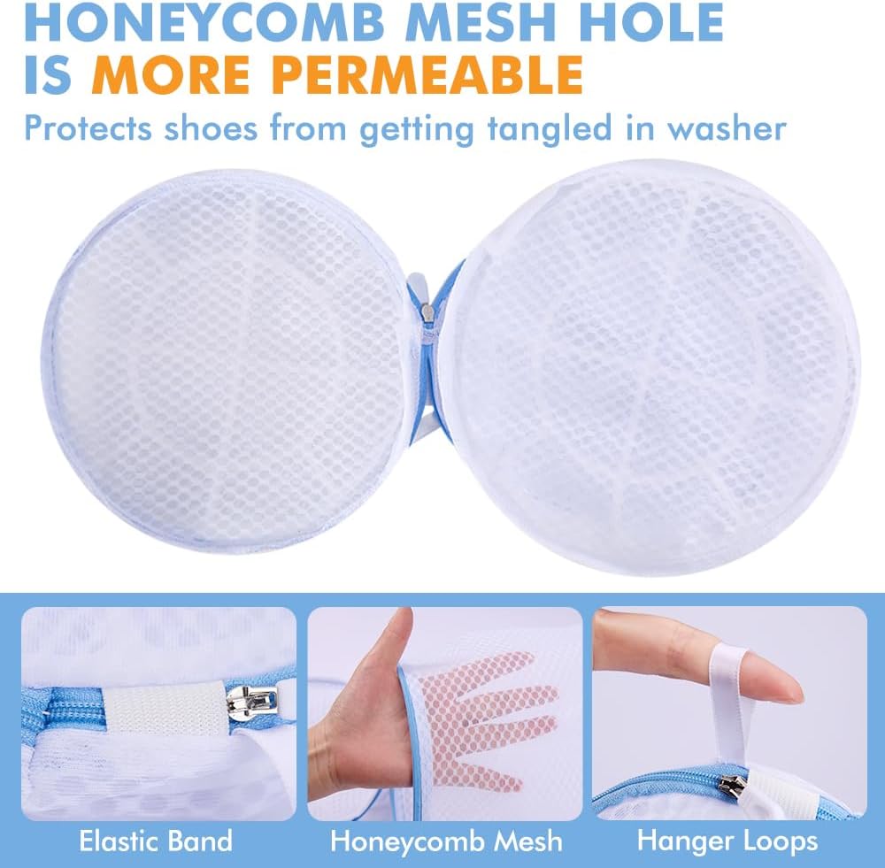 2 Pack Shoes Wash Bags,Shoe Washing Machine Bag,shoe laundry bag for washing machine,Honeycomb Mesh Laundry Bags with Zipper for Sneakers,Running Shoes,Sock,Bras,Delicates and Toys(14 in x 7.8 in)
