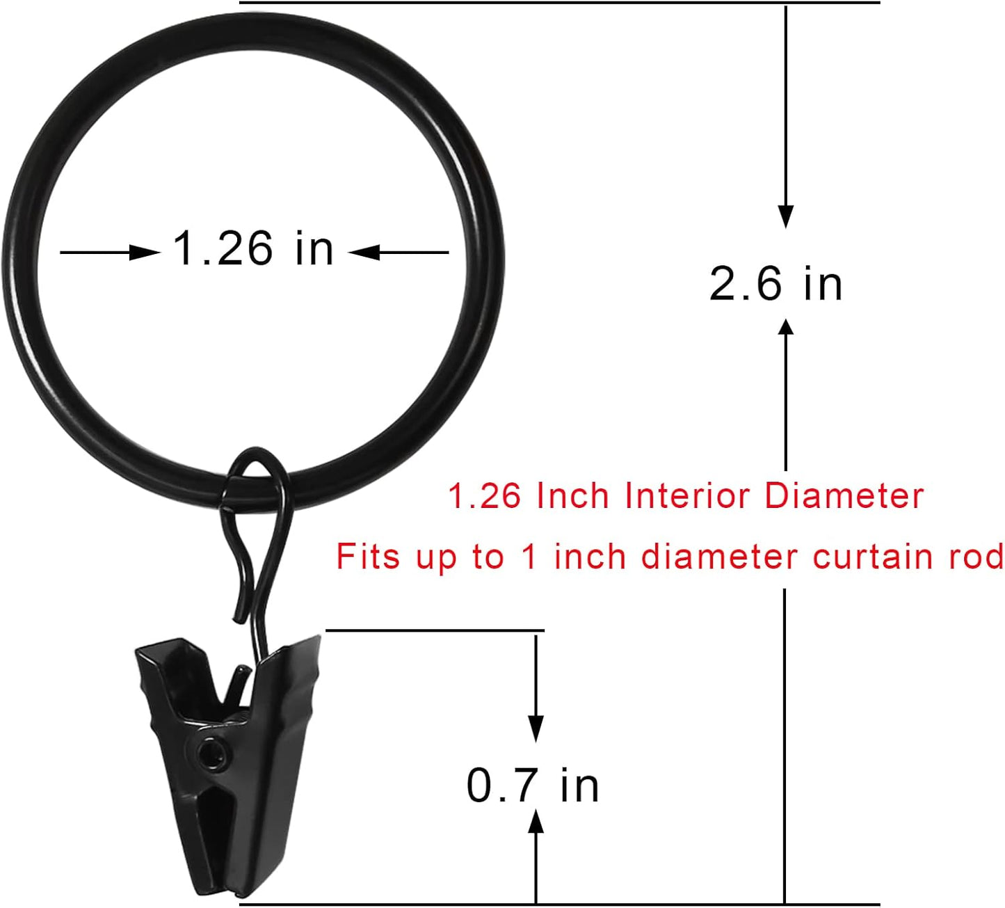 100 Pack Black Curtain Rings with Clips, Curtain Hooks Hangers Clip Rings for Hanging Drapes Bows Hat, Drapery Rings 1.26 in I D, Fits up to 1 in Diameter Curtain Rod.