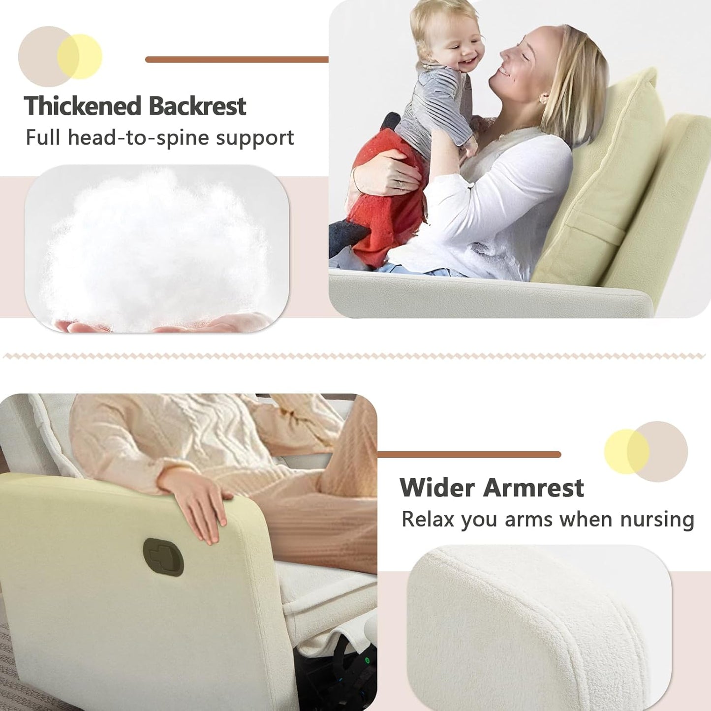 Swivel Rocking Recliner Chair for Nursery, Upholstered Glider Rocker Recliner, Swivel Reclining Chair for Nursery Living Room Bedroom, White Short Plush