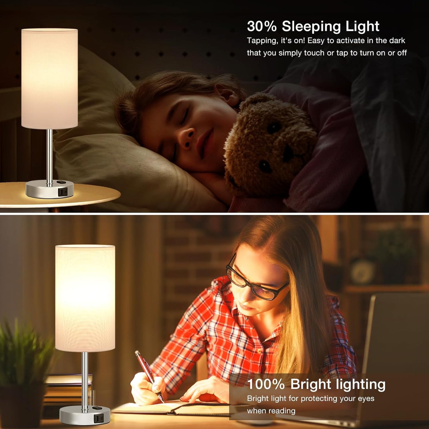 17.4Inch Bedside Touch Table Lamps for Bedroom - Tall Nightstand Lamp with USB-C USB-A Charging Ports White - 3 Way Dimmable Small Desk Lamp for Office, Dorm Room, Living Room, Reading