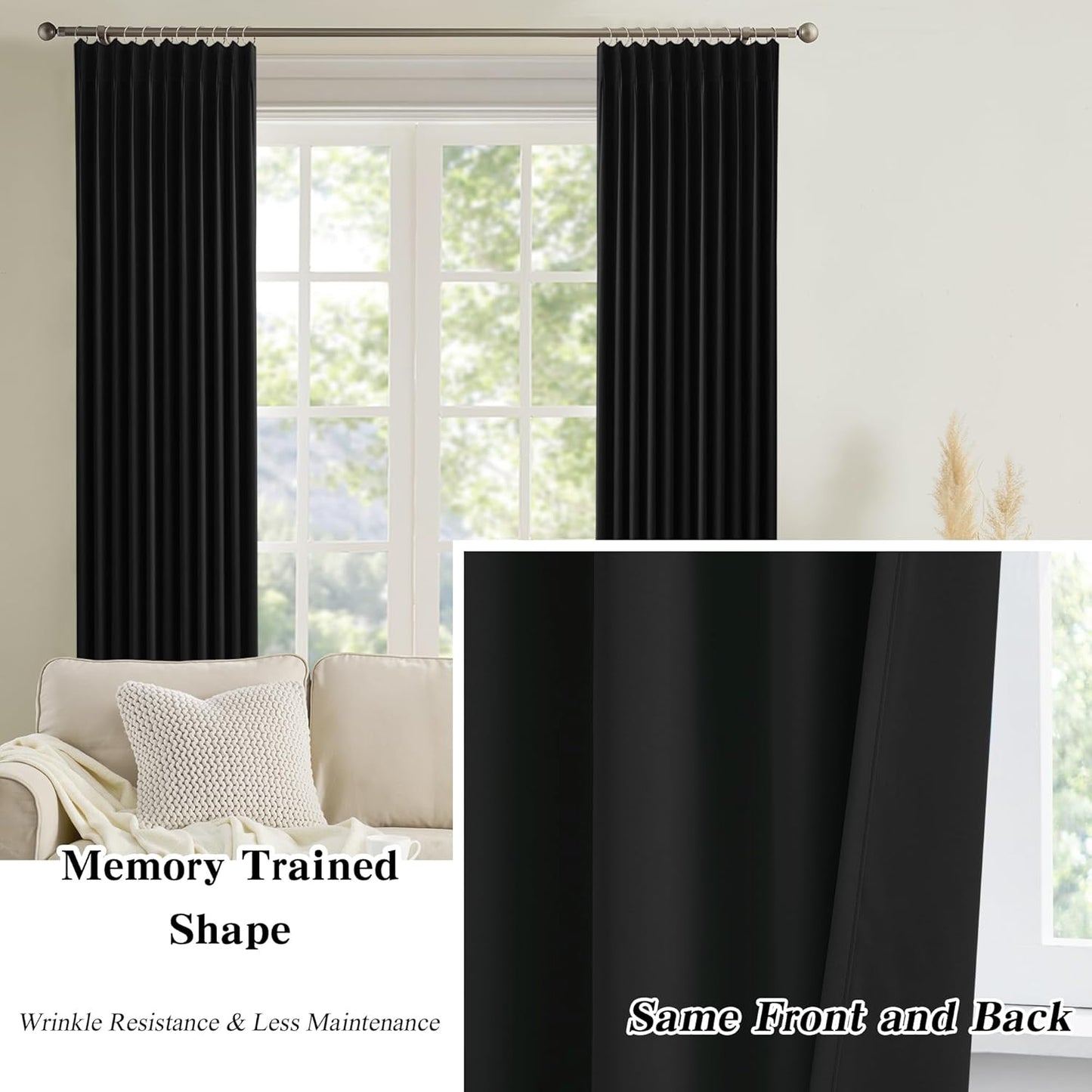 KEQIAOSUOCAI 72 Inch Wide Black Pinch Pleated Curtains 72 x 105, Thermal Insulated Noise Cancelling Living Room Office Drapes 105 Inches Long, Patio Sliding Glass Door Window Curtain 2 Panels
