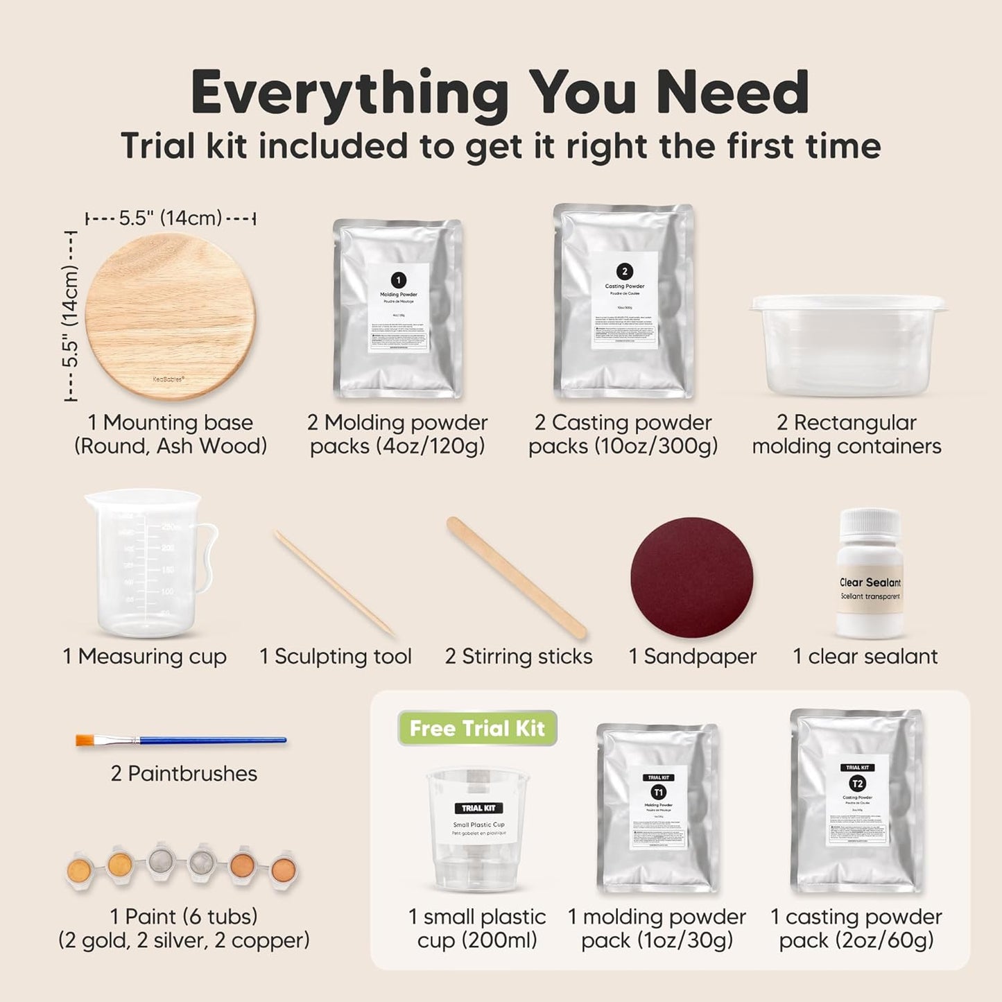 KeaBabies Baby Casting Kit Hands and Feet Mold - 3D Newborn Hand Casting Kit & Stylish Wood Base, Easy DIY Infant Foot Molds 0-9 Months, BPA-Free Baby Keepsake, Shower Gifts for Moms (Round, Ash Wood)