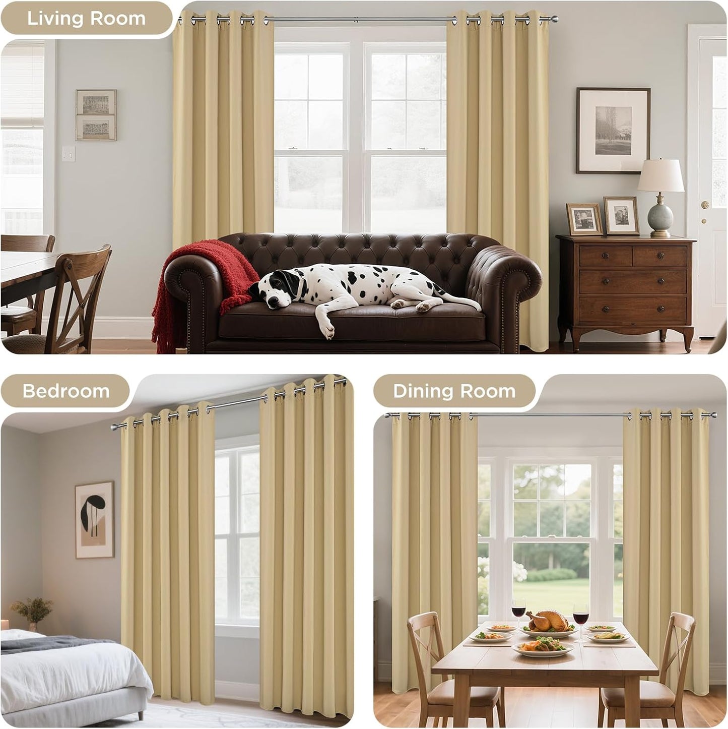 Joydeco Blackout Curtains 90 Inches Long 1 Panel, Thermal Insulated Long Curtains& Drapes 1 Piece, Room Darkening Grommet Drapes for Living Room Bedroom Window (W70 x L90 Inch, Beige)