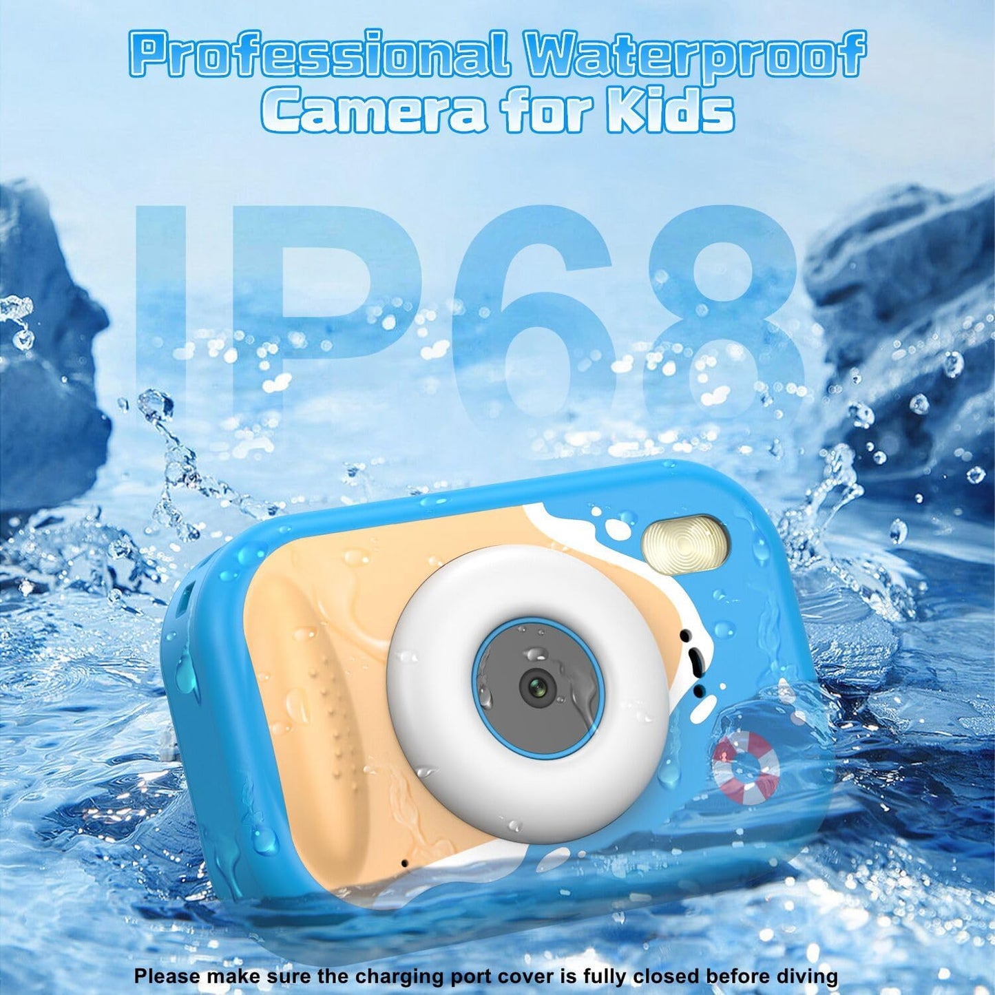 Kids Camera Waterproof, IP68 Underwater Camera for Kids Aged 3-12, HD Kids Digital Camera with 1080P Video Recording, Durable ABS Material, Pool Toys for Boys Girls with 32GB Card(Blue)