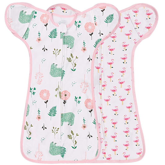 2 Pack Transition Swaddle with 2 Way Zipper, 2 in 1 Arms in/Out Transitional Arms Up Swaddle, 100% Cotton Newborn Swaddles Zipper Swaddles Baby Swaddling Sack Sleeping Sack 3-6 Months, Flamingo & Bear