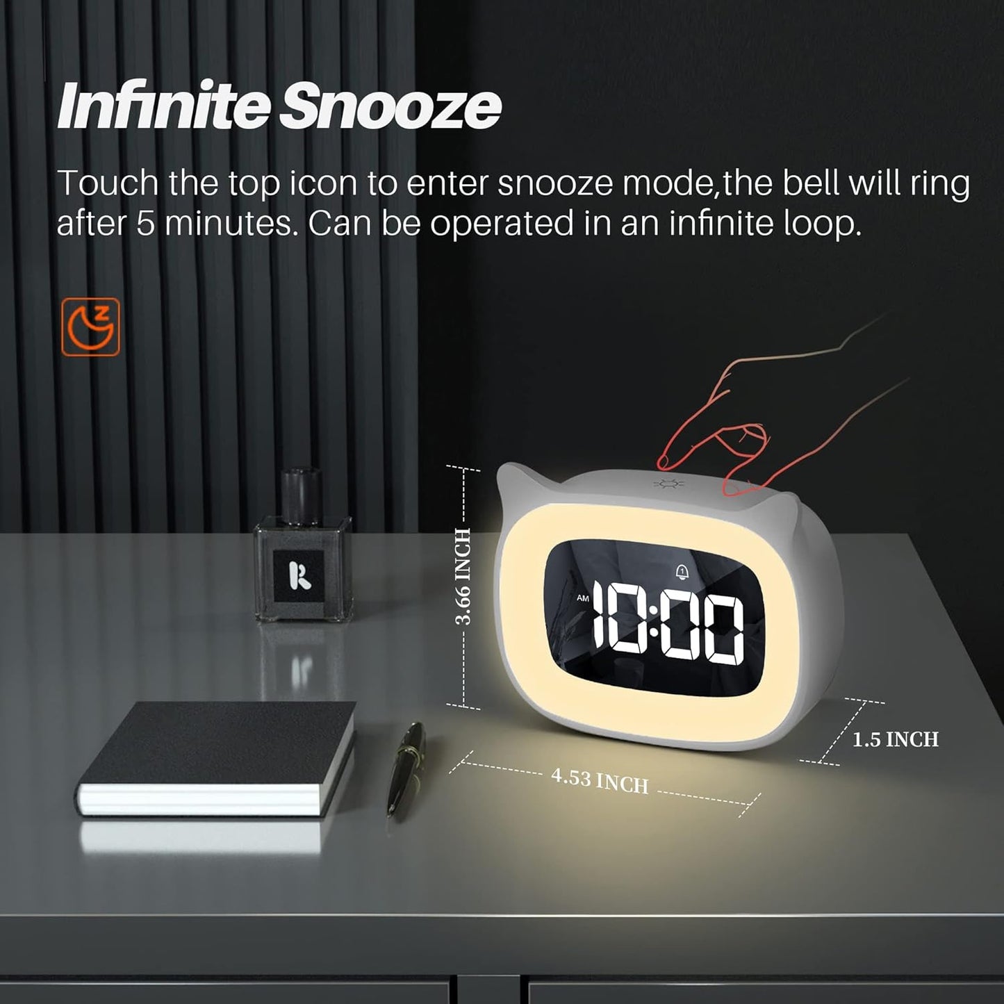Kids Alarm Clock with Night Light & 18 Ringtones,Rechargeable,Cute Cat Ear Clock for Boys Girls Birthday Presents,Digital Clock for Children's Bedroom(White)