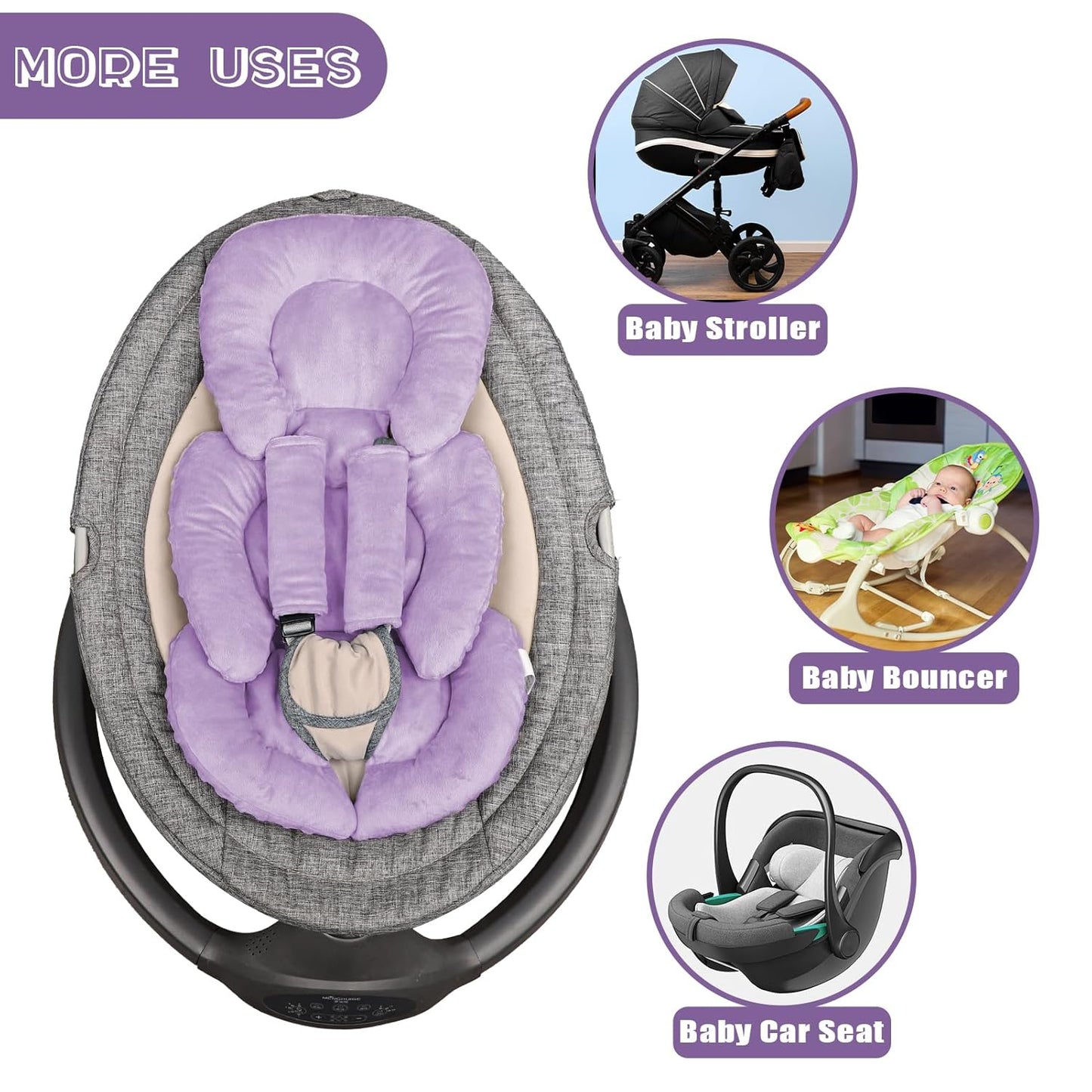 Infant Car Seat Insert Head and Body Support, GFU Reversible Newborn Insert for Carseat with Strap Pads, Soft Stroller Cushion Pillow Insert for Boys and Girls, Fits for Stroller, Swing, Purple