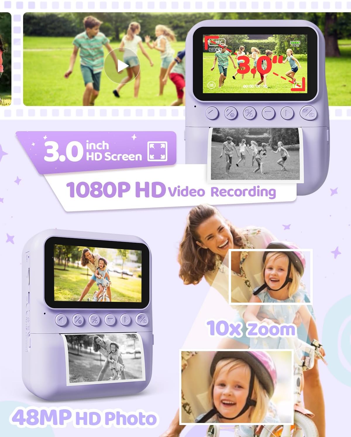 Kids Camera Instant Print for Girls Ages 3-14, 3-inch HD Screen Camera for Kids with Printing Paper, 1080P Digital Toddler Toys for 4 5 6 7 8 9 10 11 12 Years Old (Purple)