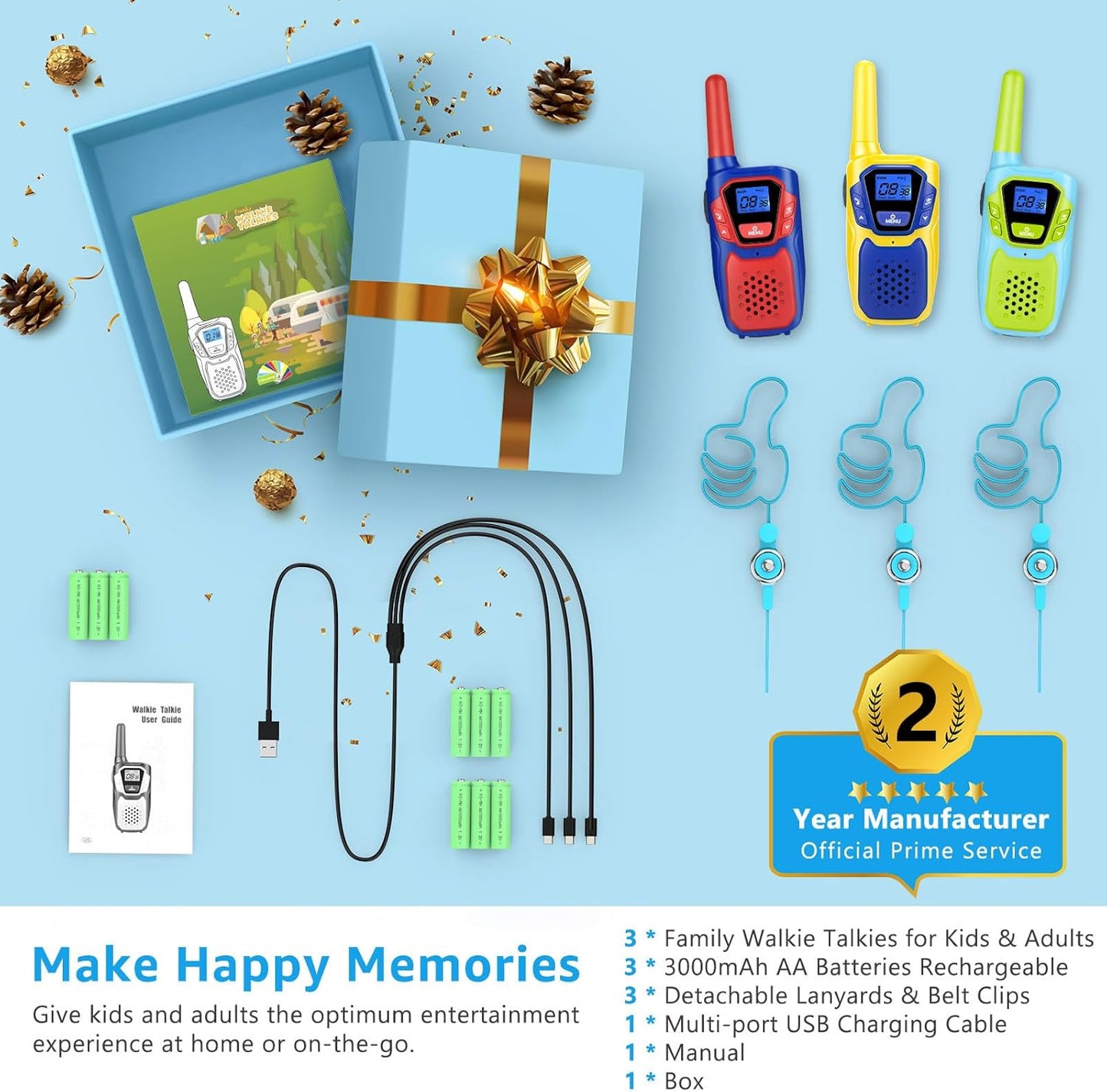 Walkie Talkies for Kids Adults Long Range Rechargeable 3 Pack, FRS 2 Way Radio Toy for 3-12 Year Old Boys Girls Toddlers, Shockproof NOAA Walkie-Talkie 4 Miles for Family Camping Skiing Cruise