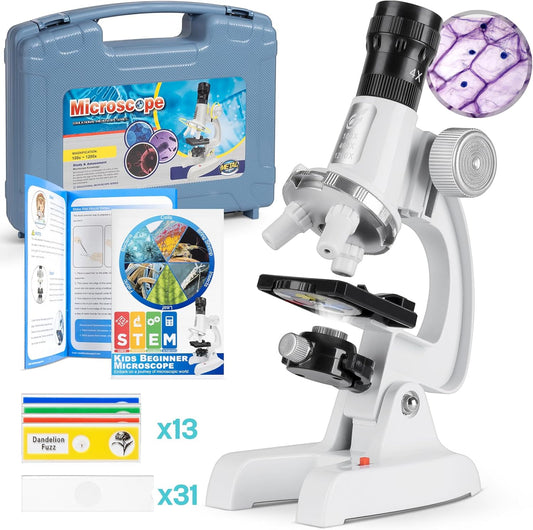 Kids Beginner Microscope Science Kit with 100X-1200X, 13 Prepared Slides & DIY Blank Slides, 18MM HD Len, LED Light Adjustable and ABS Box, Microscope for Kids 5-7 8-12