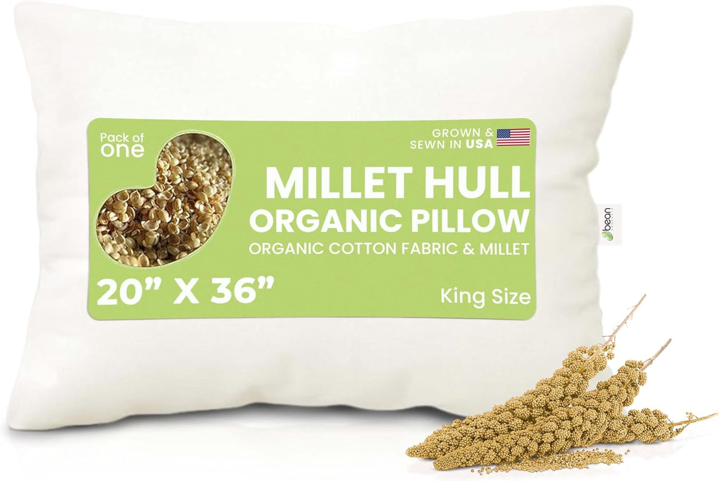 Bean Products 20" x 36" King Bed Pillow for Sleeping β Organic Millet Fill with Organic Cotton Fabric, Soft Head Pillow β Eco-Friendly, Breathable, and Durable Sleep Aid, Made in The USA