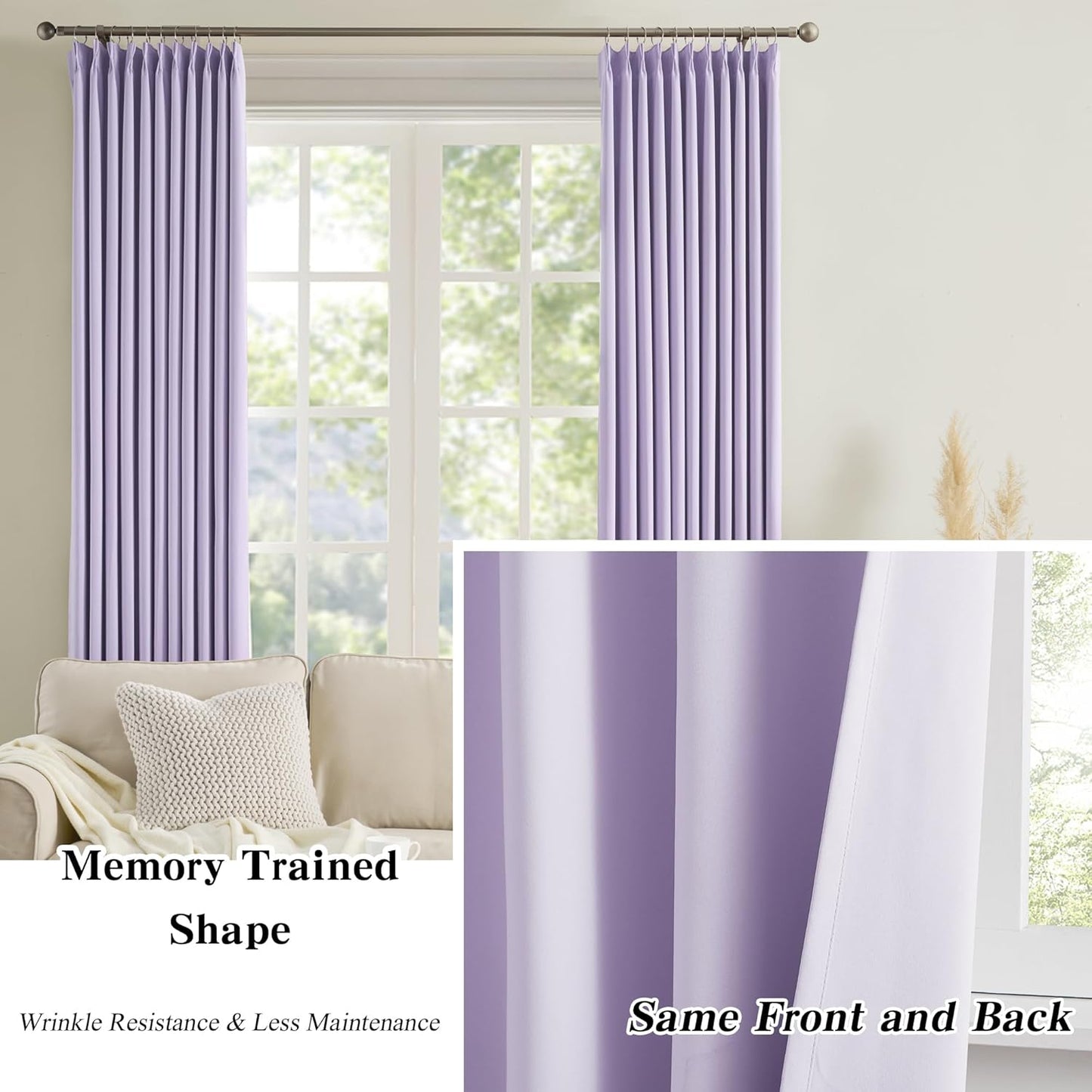 KEQIAOSUOCAI Light Purple Pinch Pleated Lilac Curtains Blackout 84 Inch Long, Thermal Insulated Darkening Drapes for Kids Nursery Bedroom Living Room Window Panels with Hooks 40 x 84 Inch