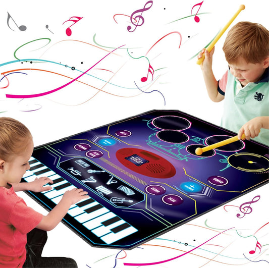 2 in 1 Kids Music Learning Toys for Boys Girls, Drum Set + Piano Mat | Record & Playback, Built-in Songs, 8 Instrument Sounds, 24 Keys, Christmas Birthday Gifts for Toddler 3 4 5 6 7 8 Years