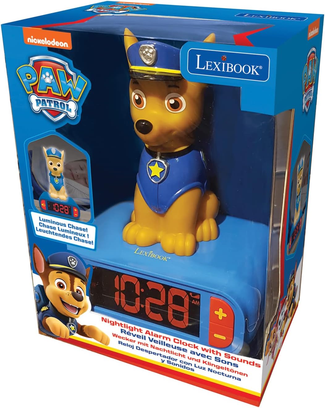 LEXiBOOK - Paw Patrol Chase Digital Alarm Clock with Night Light - Snooze Function - Dog Sound Effects - for Children/Kids - Luminous Clock with Chase, Blue/Red - RL800PA
