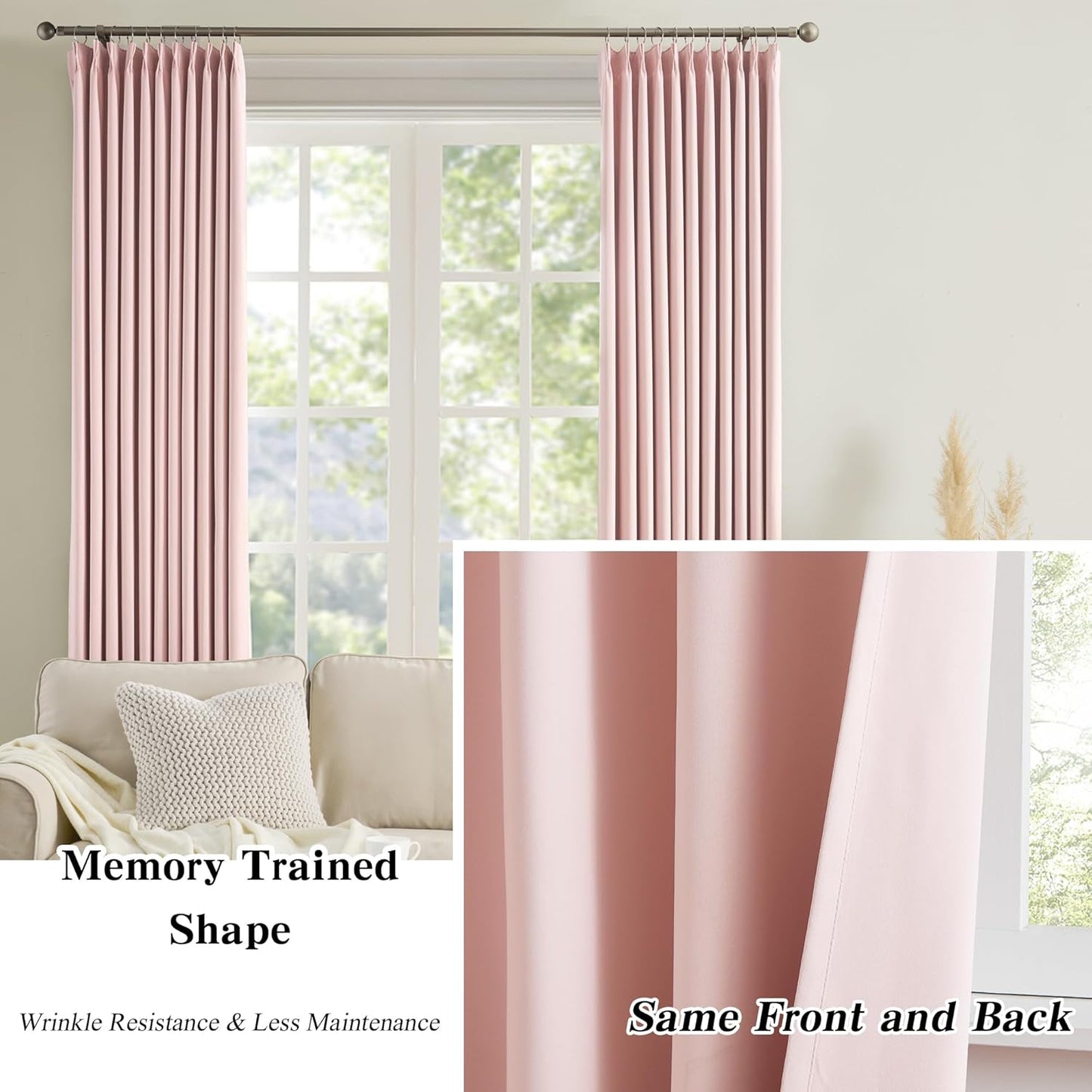 KEQIAOSUOCAI Pinch Pleated Curtains 108 Inches Long, Energy Saving Window Treatment Privacy Drapery for Living Room, Vertical Track System Elegant Hook Panels(Baby Pink, 2 Pieces, W40 x L108)