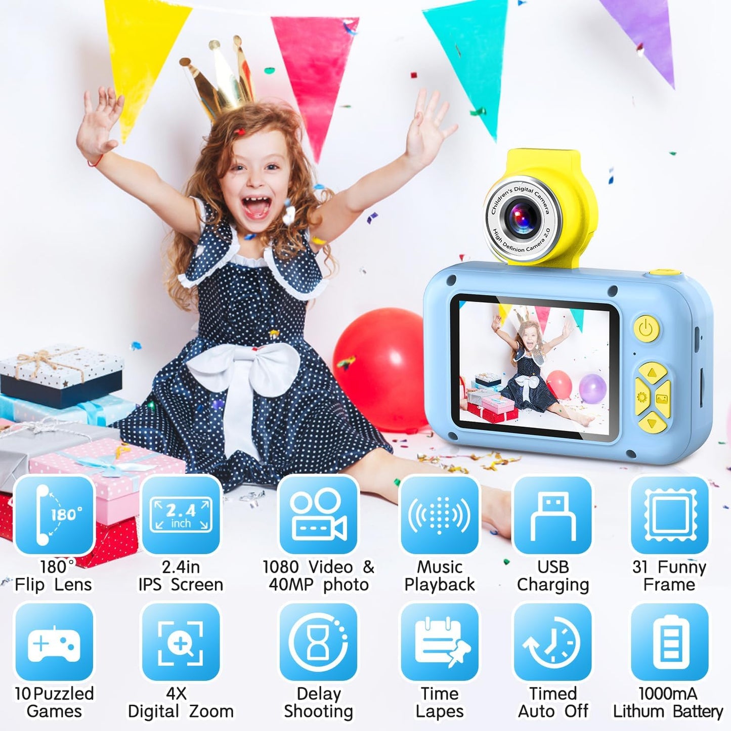 Kids Camera, Toddler Kid Digital Camera with 180°Flip Lens & 2.4in IPS Screen, Birthday Festival Gifts Present Toy for 4 5 6 7 8 9 10 11 Year Old Girls/Boys, 32 GB Card Included, X101