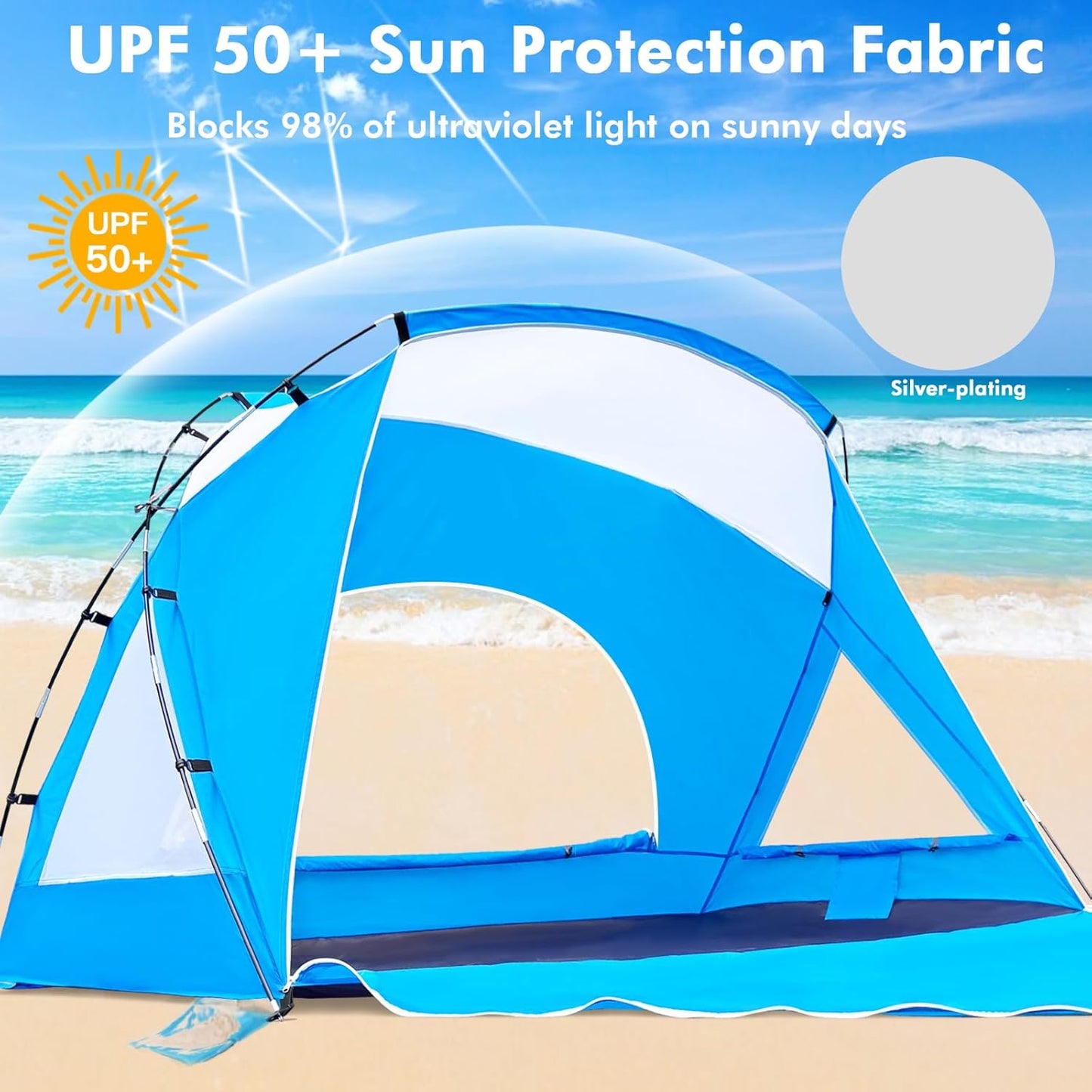 Beach Tent, Portable Sun Shelter for 2/3/4/6-8 Person with UPF 50+ UV Protection, Easy Setup Waterproof Beach Shade Canopy Cabana for Family Outdoor and Picnics, Fishing with Carrying Bag