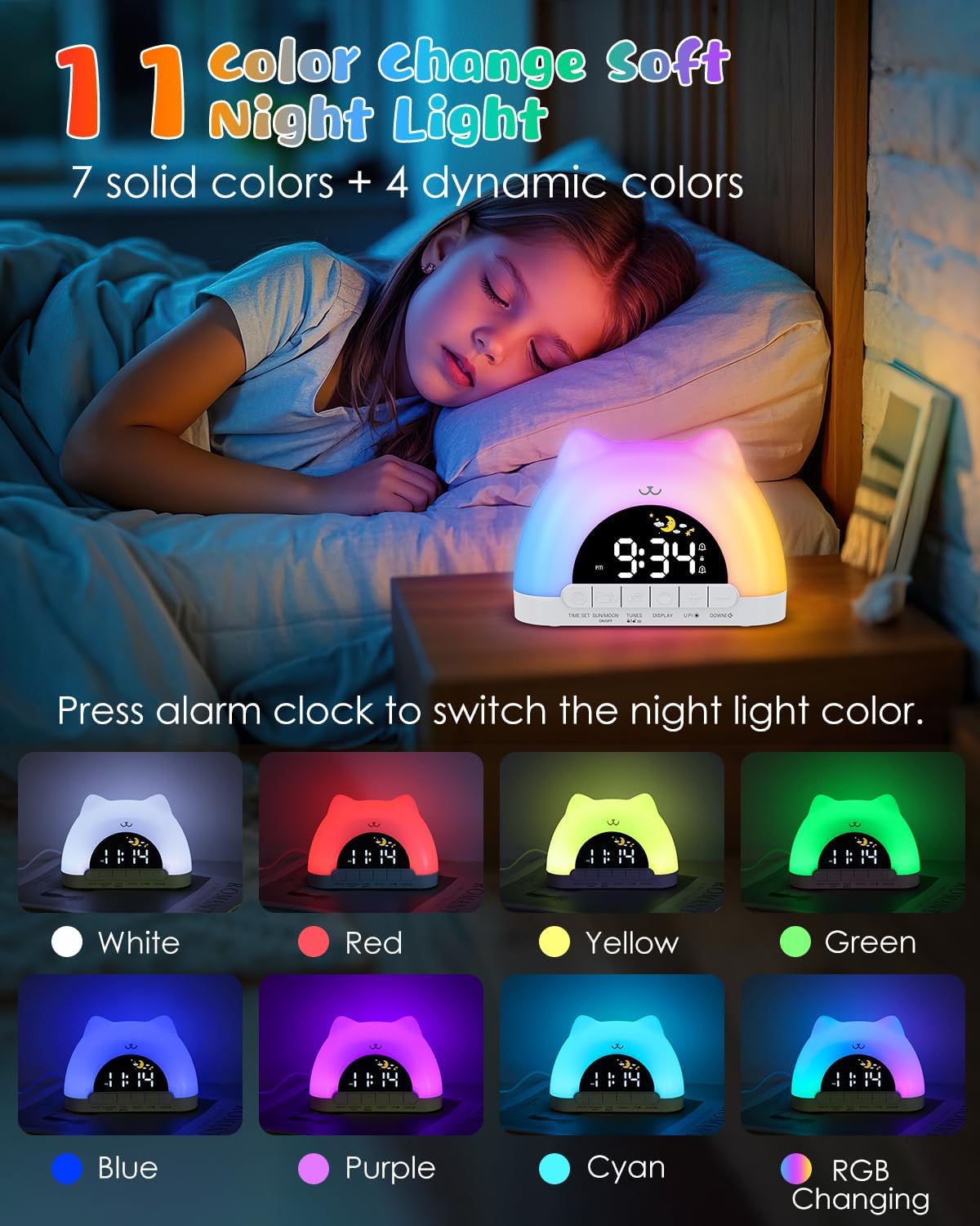 Kids Alarm Clock, OK to Wake Clock for Kids, Cat Clock with 11 Colors Night Light, 10 Soothing Sounds, Child Lock, Dual Alarms, Sleep Training, Birthday Gift for Boy Girls Children
