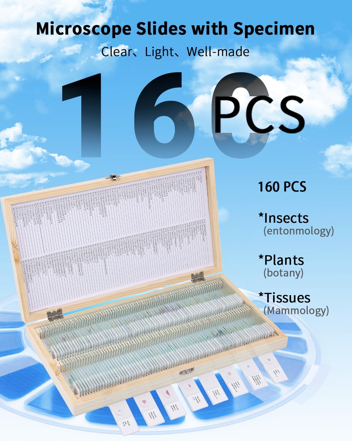 160-Pcs Microscope Slides with Specimens,Pre-Made Glass Slides with Specimens,Educational Microscope Slides and Covers for Young Scientists,Perfect for Biology Class and Experiments