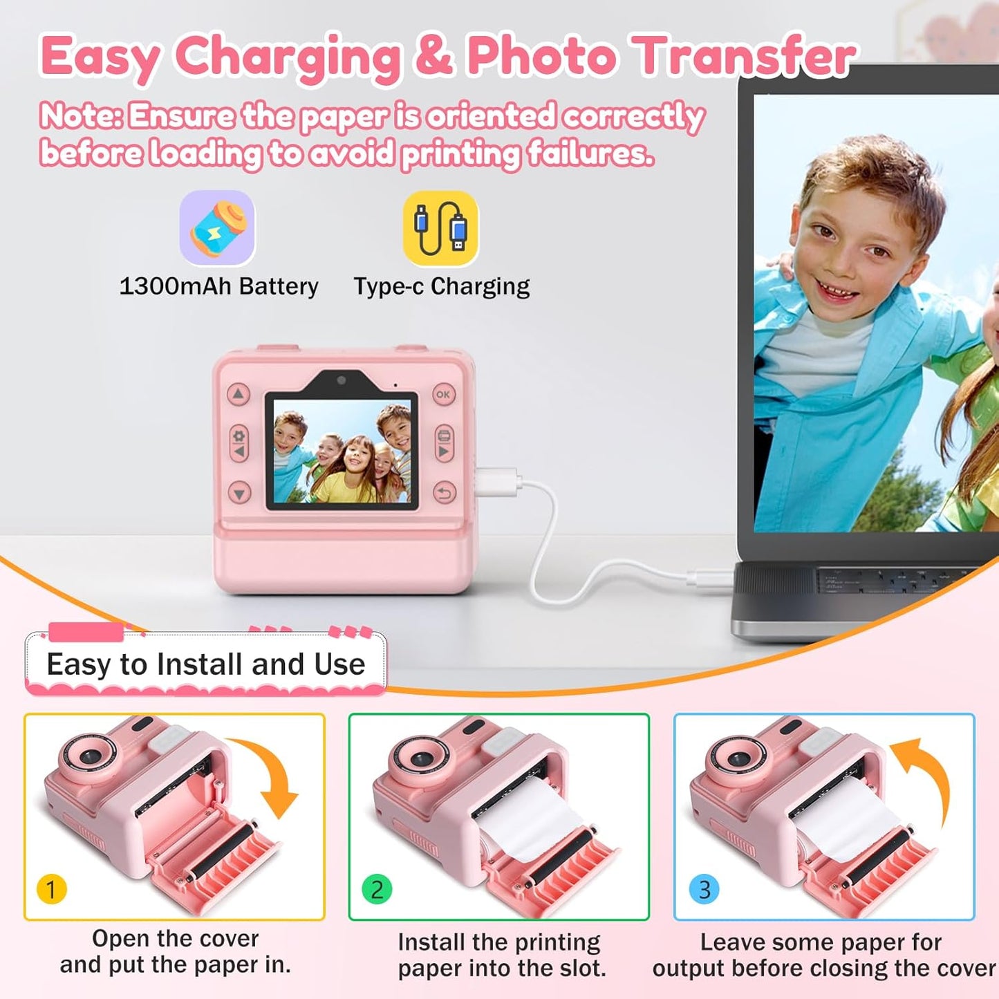 Kids Camera Instant Print, Dual-Lens Selfie Camera for Kids with 1080P Videos, 2.4 Inch Screen, 32GB SD Cards & 3 Rolls Print Paper, Christmas Birthday Gifts for Girls Age 3-12
