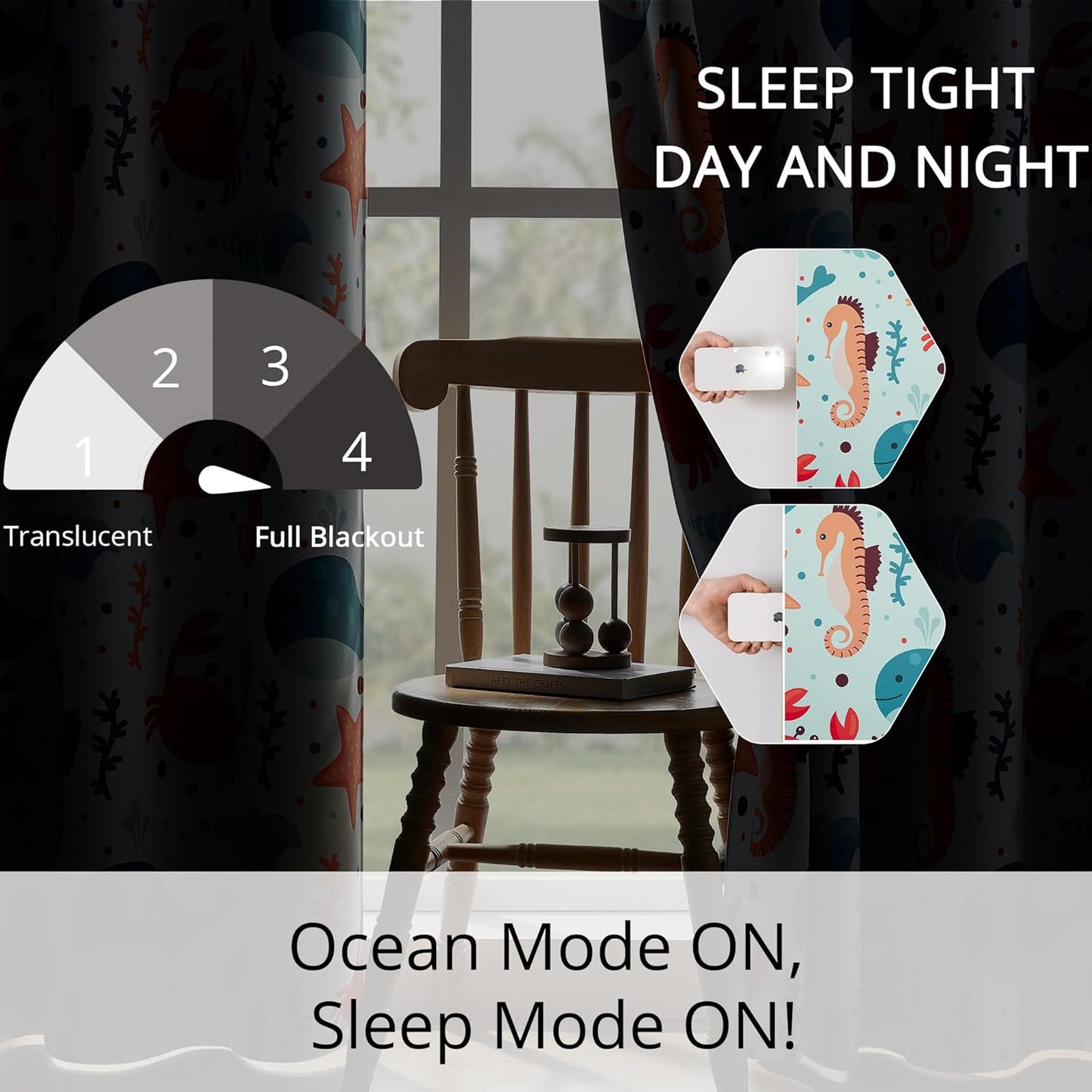 Kids Blackout Curtains - Ocean Whale Design, 100% Blackout, 2 Panels, Each W52×L63, Thermal Insulated for Bedroom, Noise Reducing, Excellent Colorfastness, Dive into an Underwater Adventure