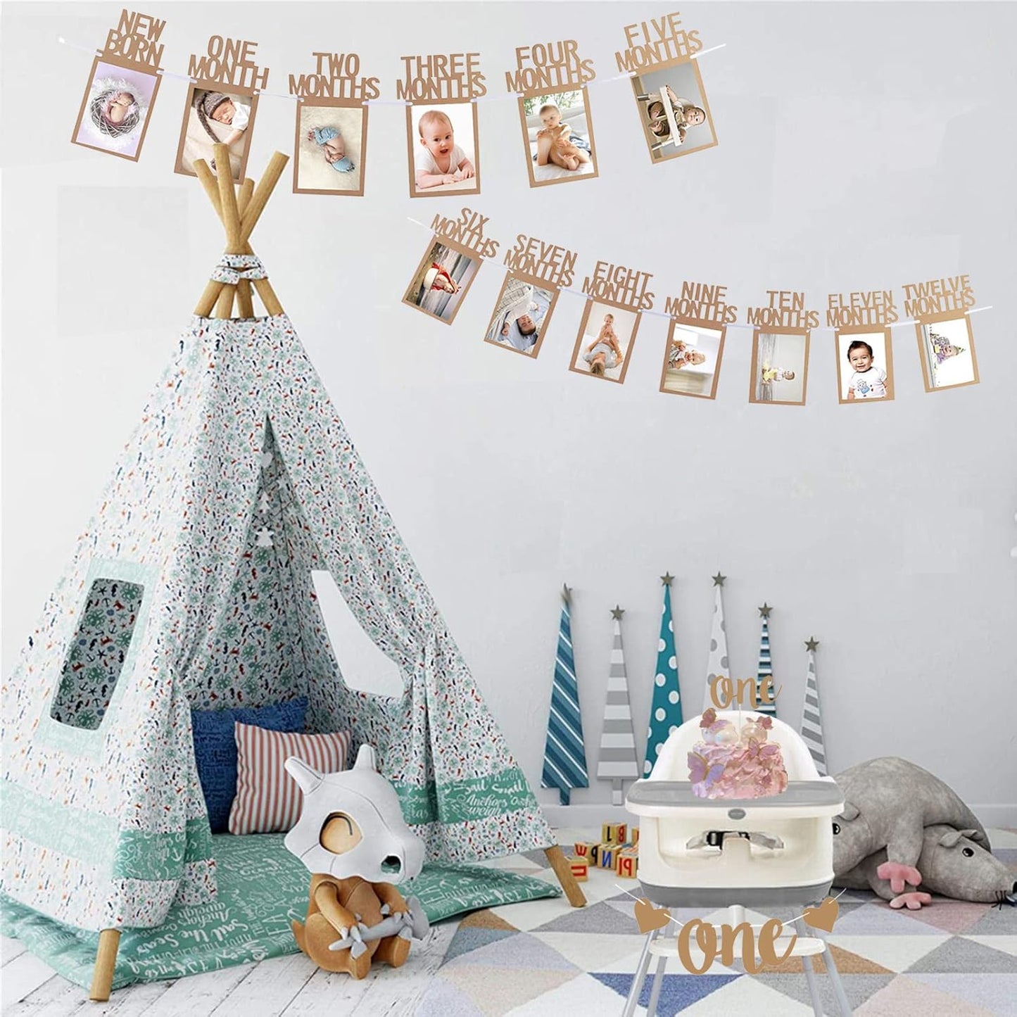 1st Birthday Photo Banner Decorations Monthly Milestone Photograph Bunting Garland with First Birthday Cake Topper High Chair Banner 1st Birth Decorations