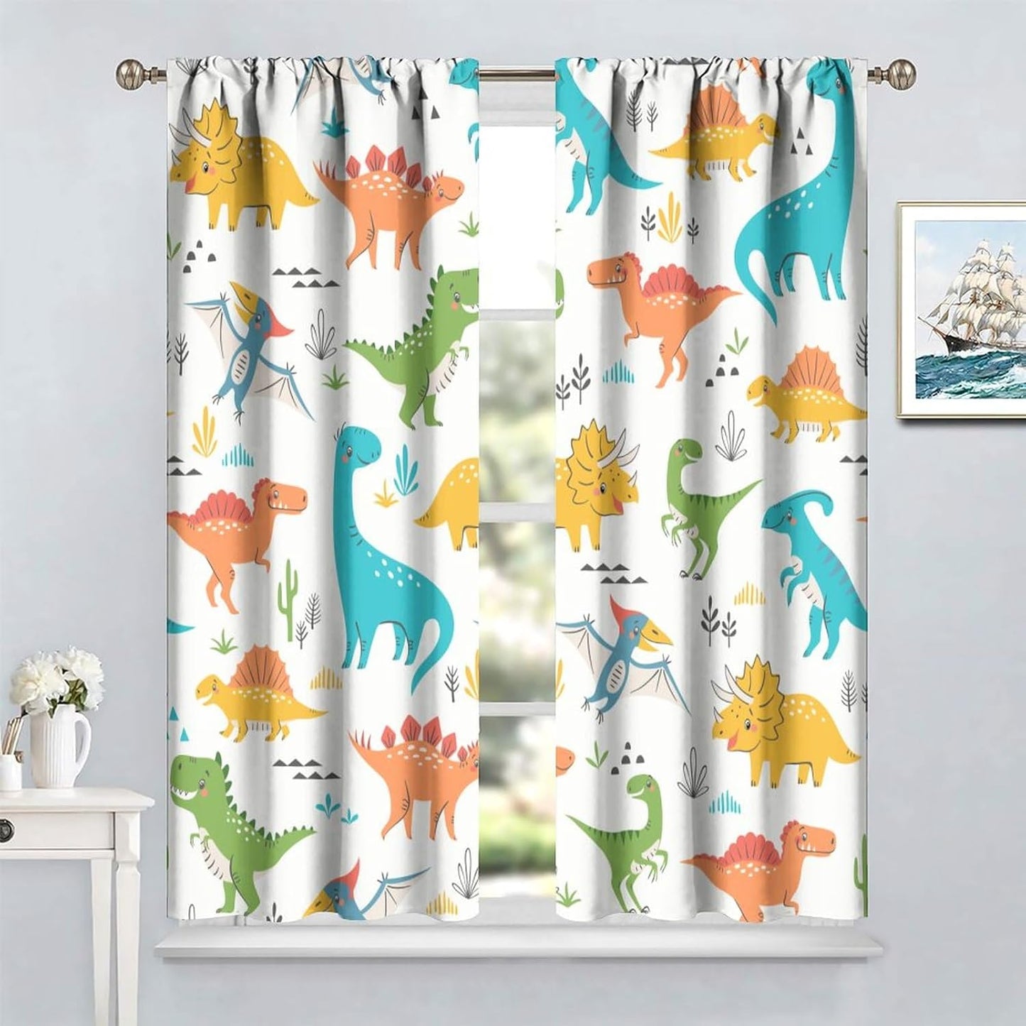 Kids Dinosaur Curtains for Boys Girls Bedroom Decor Cartoon Dino Colorful Cute Funny Animal Wildlife Printed Blackout Rod Pocket Window Drapes for Baby Nursery Playroom Living Room W21xL63in 2 Panels