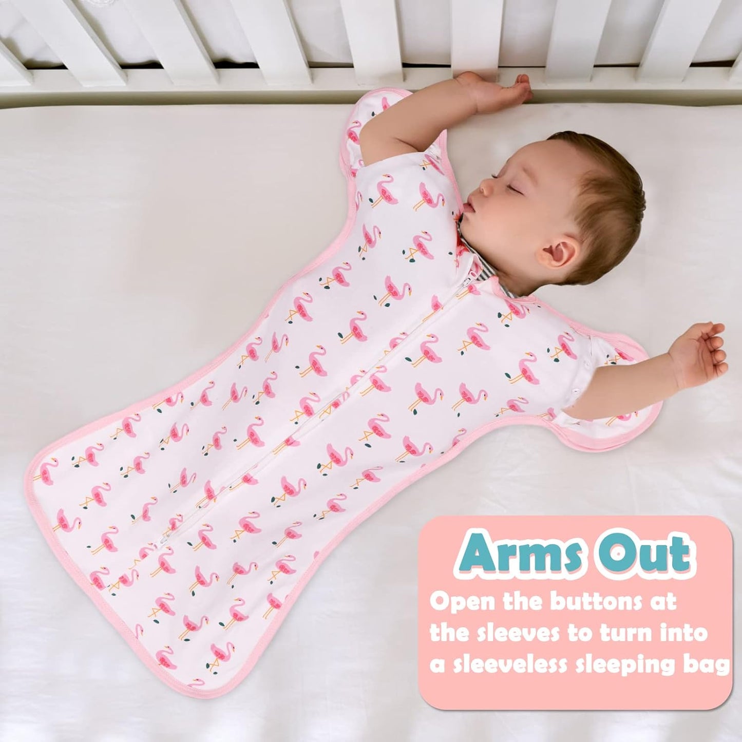 2 Pack Transition Swaddle with 2 Way Zipper, 2 in 1 Arms in/Out Transitional Arms Up Swaddle, 100% Cotton Newborn Swaddles Zipper Swaddles Baby Swaddling Sack Sleeping Sack 0-3 Months, Flamingo & Bear