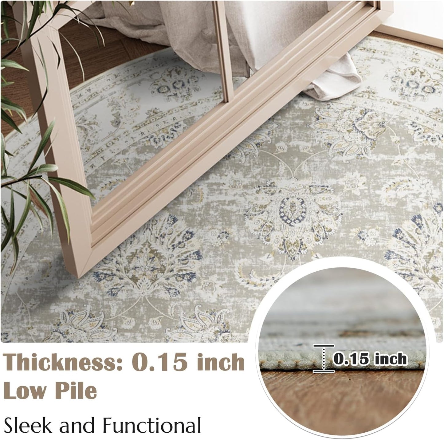 jinchan Round Rug 6ft Area Rugs Vintage Floral Distressed Design - Machine Washable Non-Slip Low-Pile Ultra-Thin Circle Rug for Entryway Bedside Living Room Dining Room Bedroom (6' Round,Taupe)