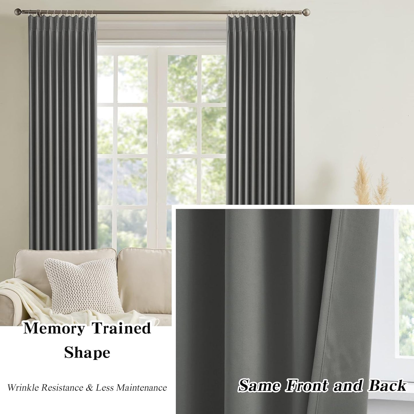 KEQIAOSUOCAI Grey Pinch Pleat Curtains & Drapes 105 Inches Long 2 Panels Set, Privacy Darkening Sound Dampening Window Treatment for Bedroom Vertical Draft Blackout Blinds for Living Room 100 by 105