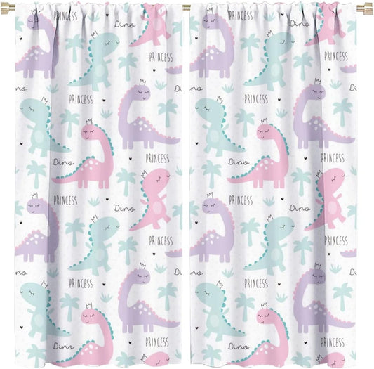 Kids Dinosaur Curtains for Boys Girls Bedroom Decor Cartoon Dino Colorful Cute Funny Animal Wildlife Printed Blackout Rod Pocket Window Drapes for Baby Nursery Playroom W42xL84in 2 Panels