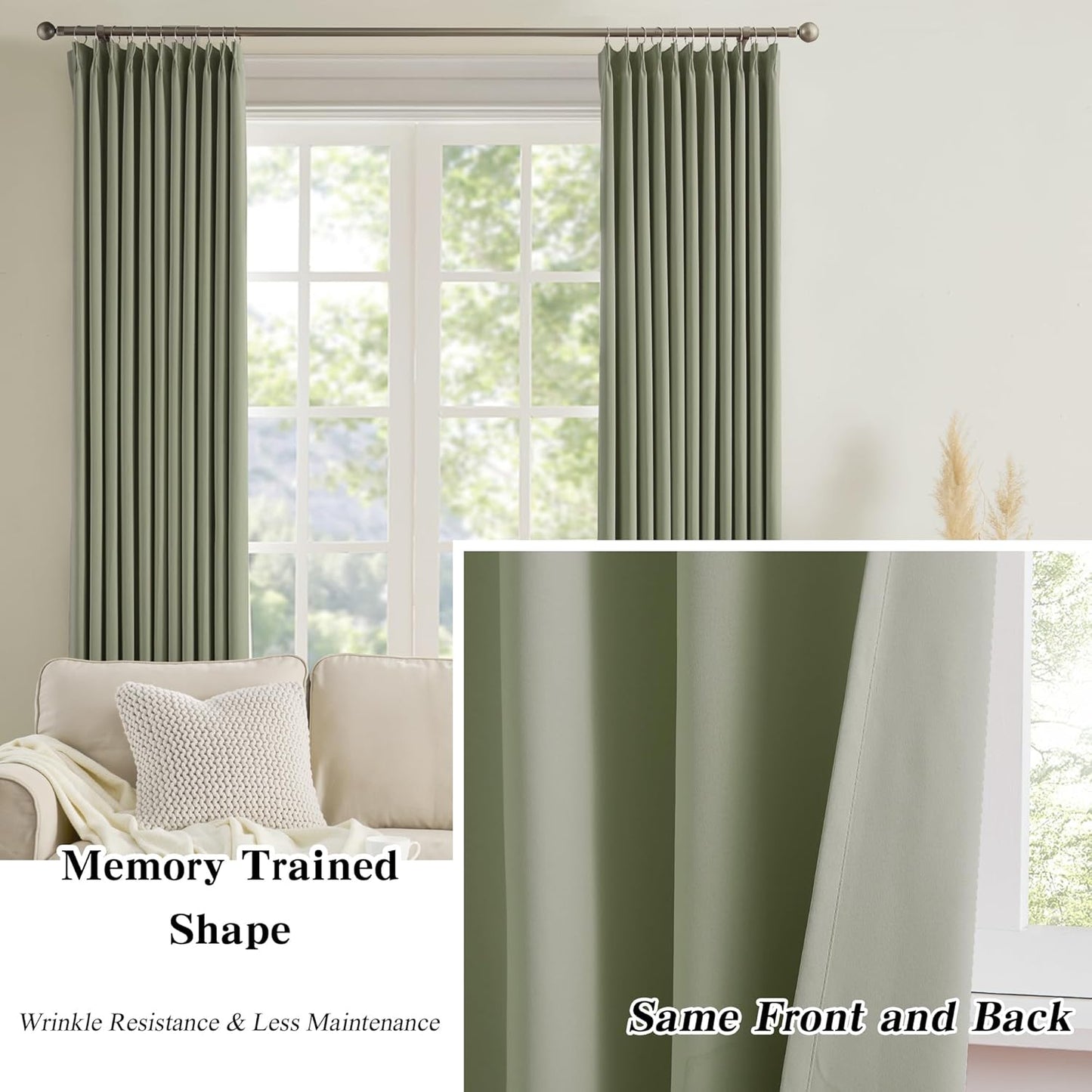 KEQIAOSUOCAI Sage Green Pinche Pleat Curtains 45 Inches Long Thermal Insulated Dark Black Out Short Drapery for Bedroom Light Blocking Window Covering Room Darkening Drapes for Nursery 40x45 2 Pieces