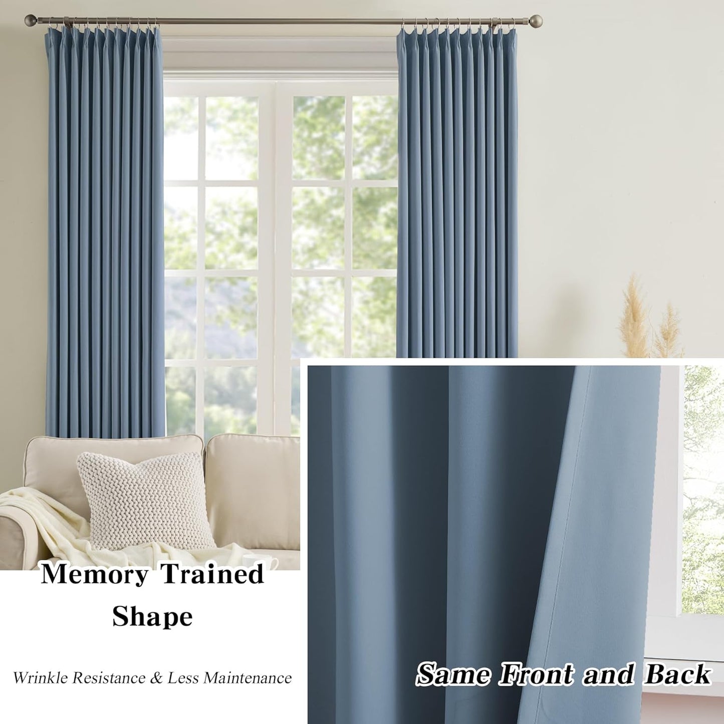 KEQIAOSUOCAI Dusty Blue Pleat Wide Width Drapes 80 x 108 inch Long 2 Panels - Thermal Insulated Room Divider Curtains for Bedroom/Living Room/Patio, Pinch Pleated Curtain Panel with Hooks