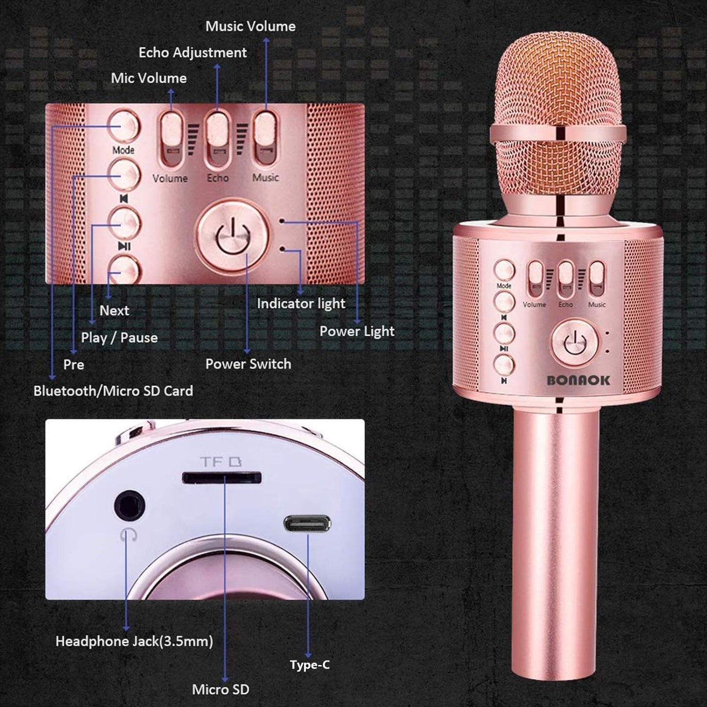 BONAOK Wireless Bluetooth Karaoke Microphone, 3-in-1 Portable Handheld Mic Speaker Machine for All Smartphones,Gifts to Girls, Boys Kids Adults All Age Q37(Champagne)