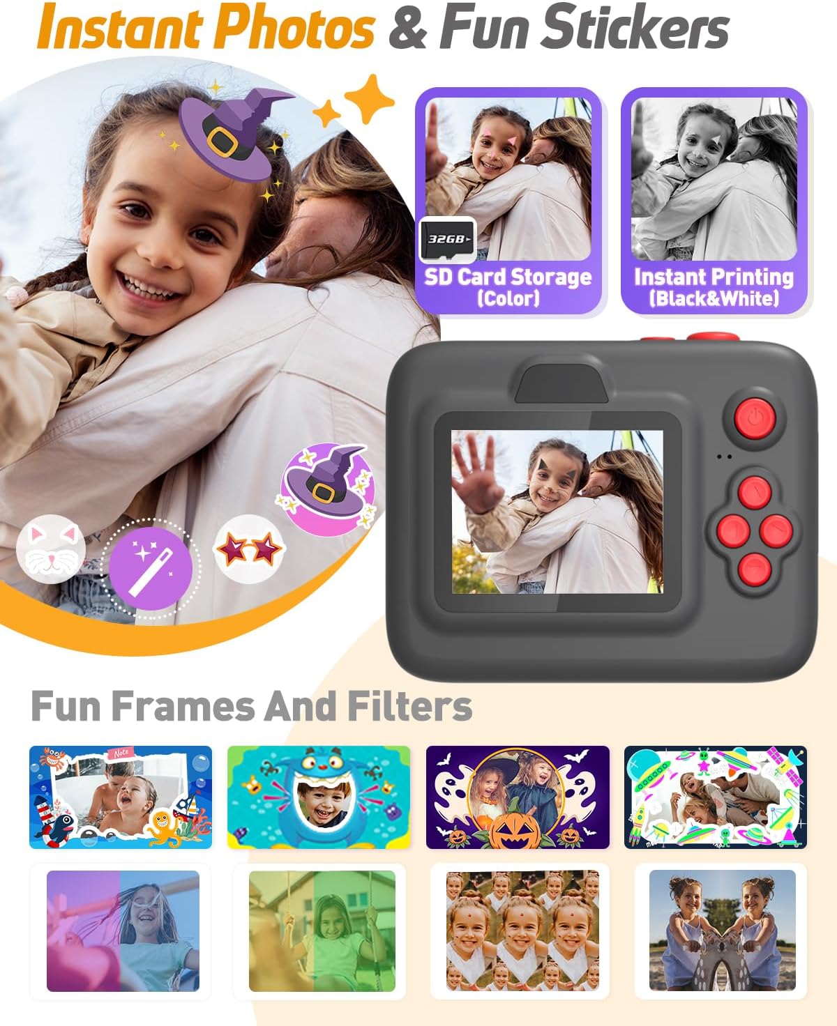 Kids Camera Instant Print, Christmas Birthday Gifts for 3-12 Year Old Boys Girls, 2.4in Screen 1080P Kids Digital Camera Toys for Kids Age 3 4 5 6 7 8 9 10 with 3 Rolls Print Paper 32G Card