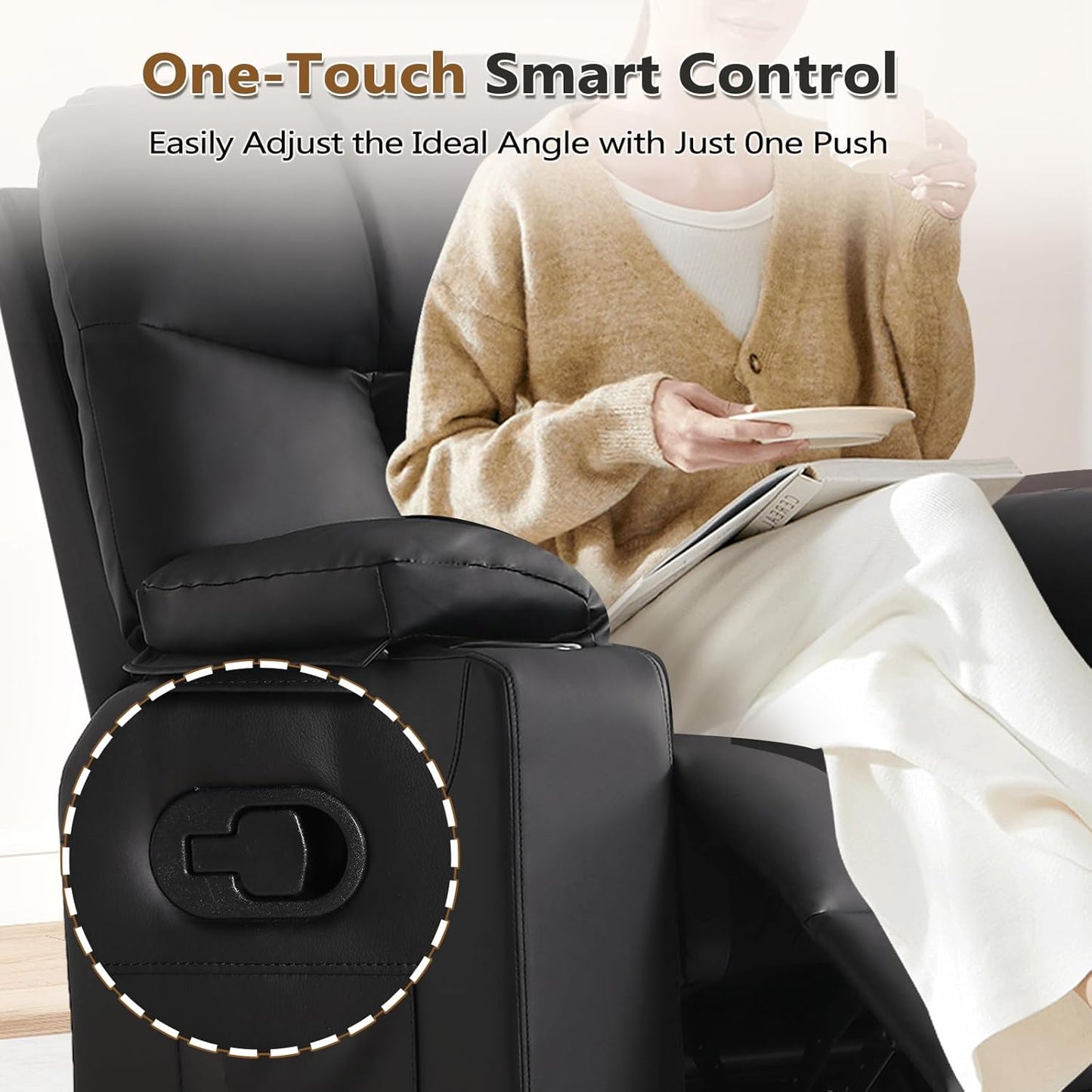 ANJ Swivel Rocker Recliner Chair Set of 3, Black PU Leather, Manual 3-Position Reclining with Massage & Heat, Cup Holders