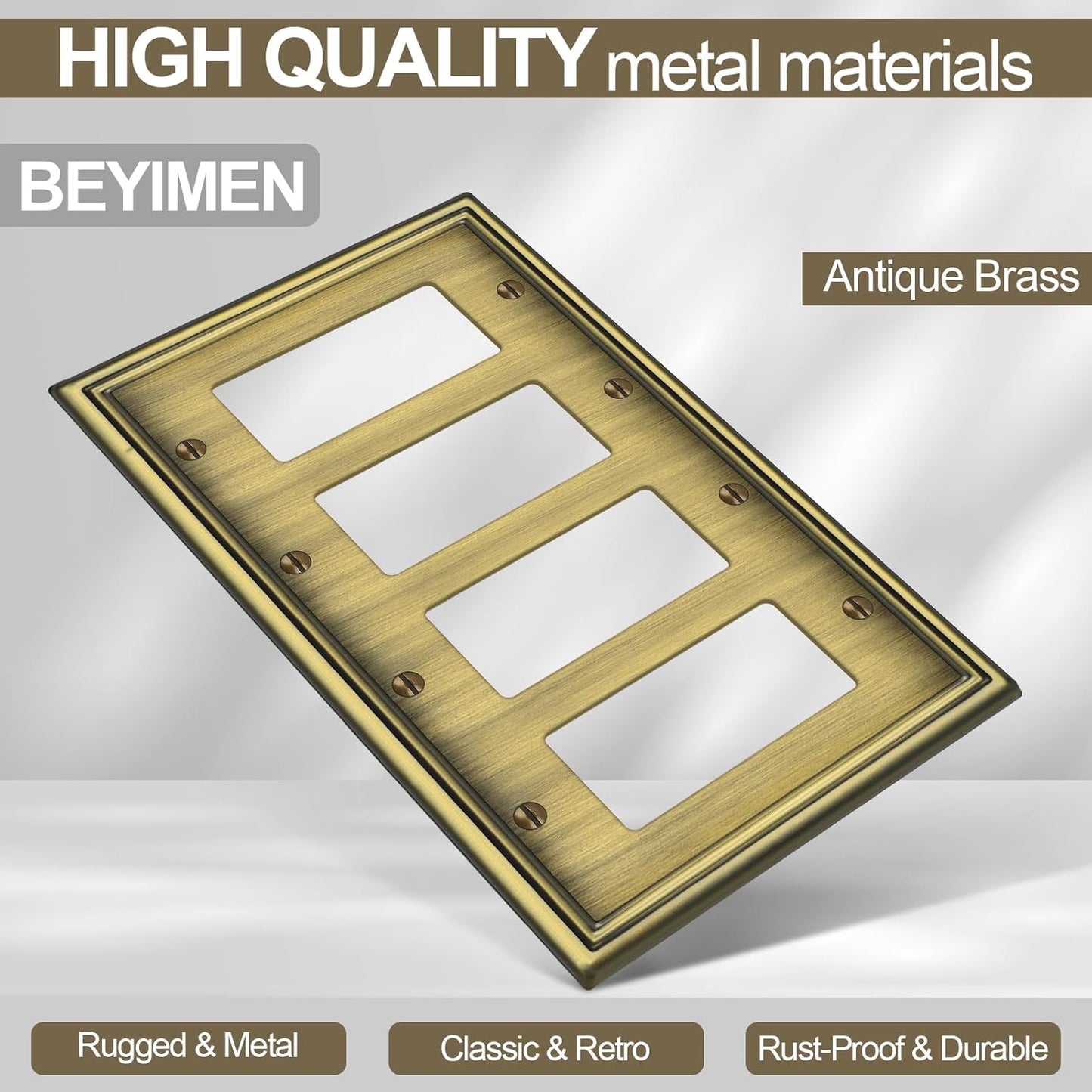 2 Pack Quad Decorator Switch Covers Wall Plate, Antique Brass Metal Material Rocker Switch Plates, 4 Gang Wall Plate for Receptacle, GFCI Outlet, Dimmer Switch - Classic Style