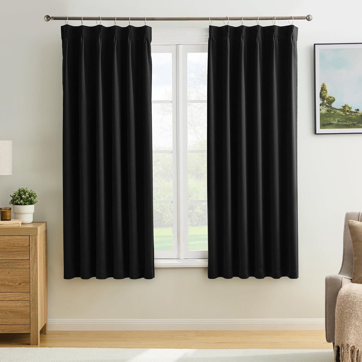 KEQIAOSUOCAI Short Pinch Pleated Blackout Curtains 63 Inch Long 2 Panels for Bedroom Thermal Insulated Black Out Window Curtain Pinched Pleat Drape with Hooks (W40 x L63 Inch, Black)