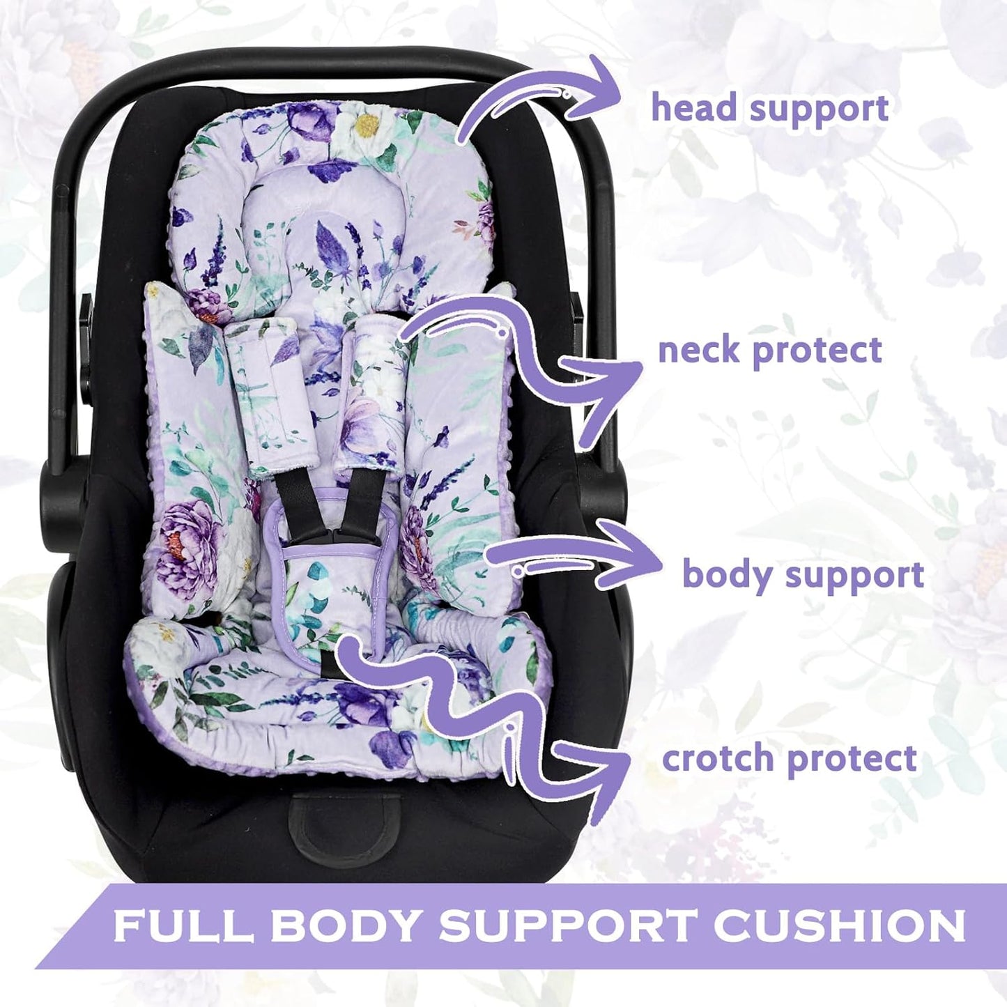 Infant Car Seat Insert and Strap Covers, Very Soft Car Seat Head Support Baby Girl Boy, Reversible Newborn Carseat Insert Cushion Fits for Stroller, Baby Swing, Bouncer (Purple Floral)